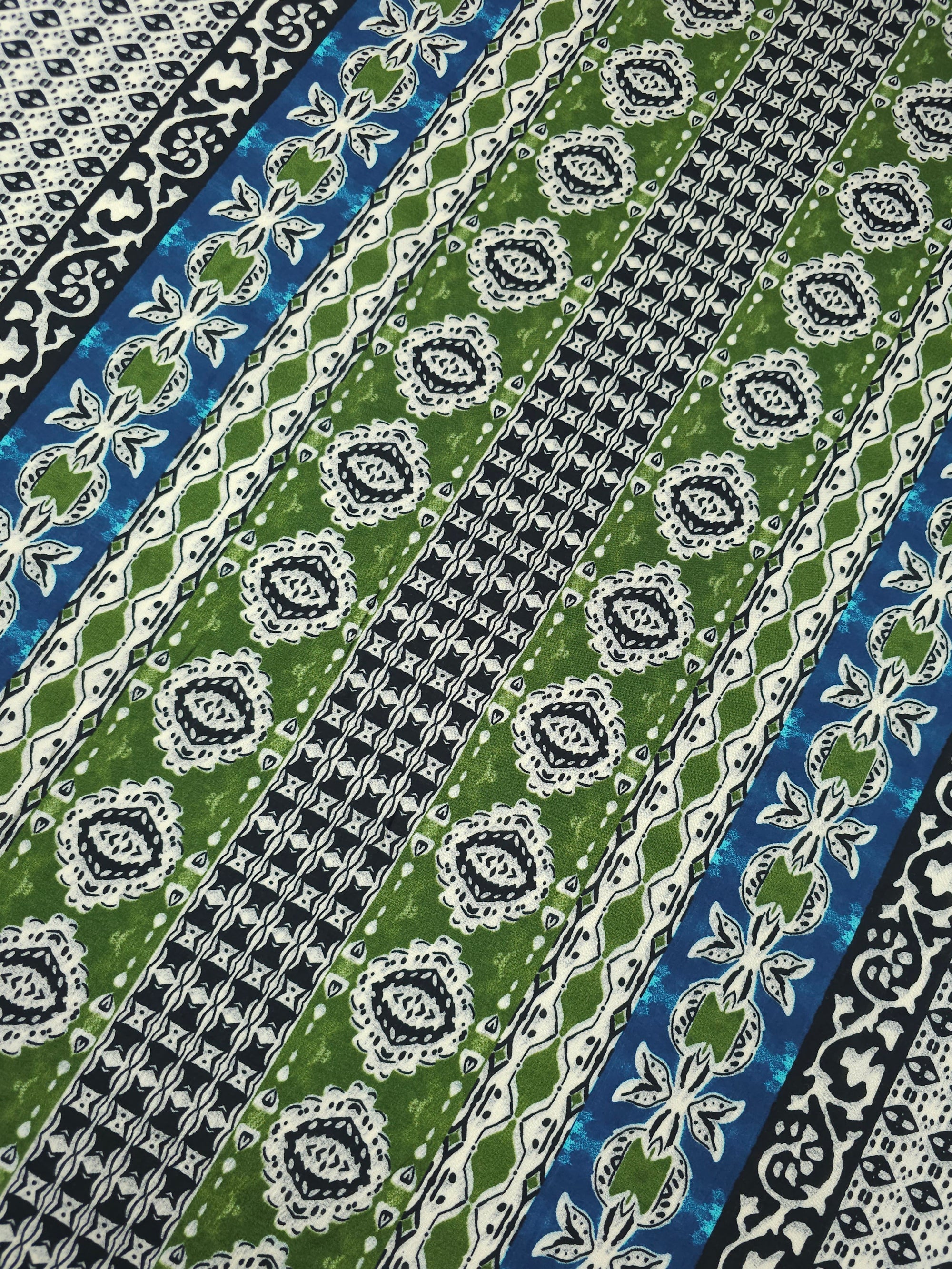 Green/Blue Boho Panel Stripe Viscose Challis