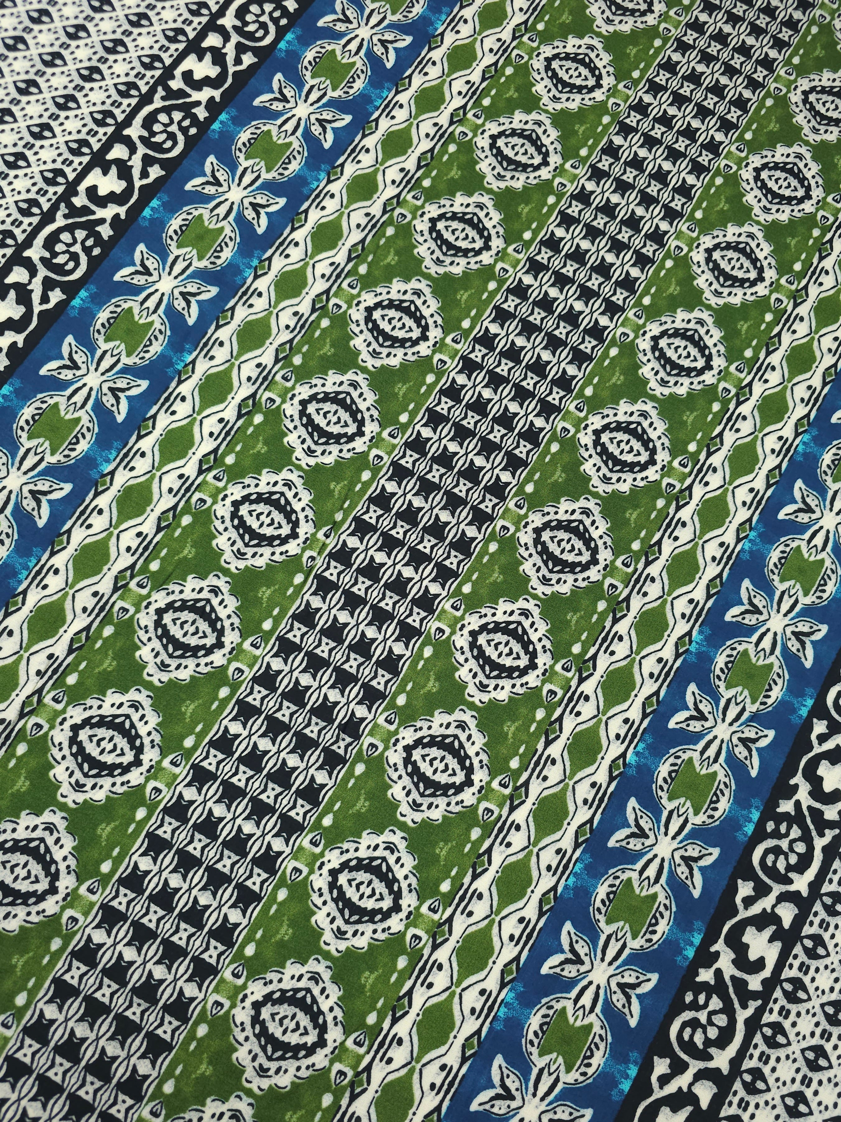 Green/Blue Boho Panel Stripe Viscose Challis