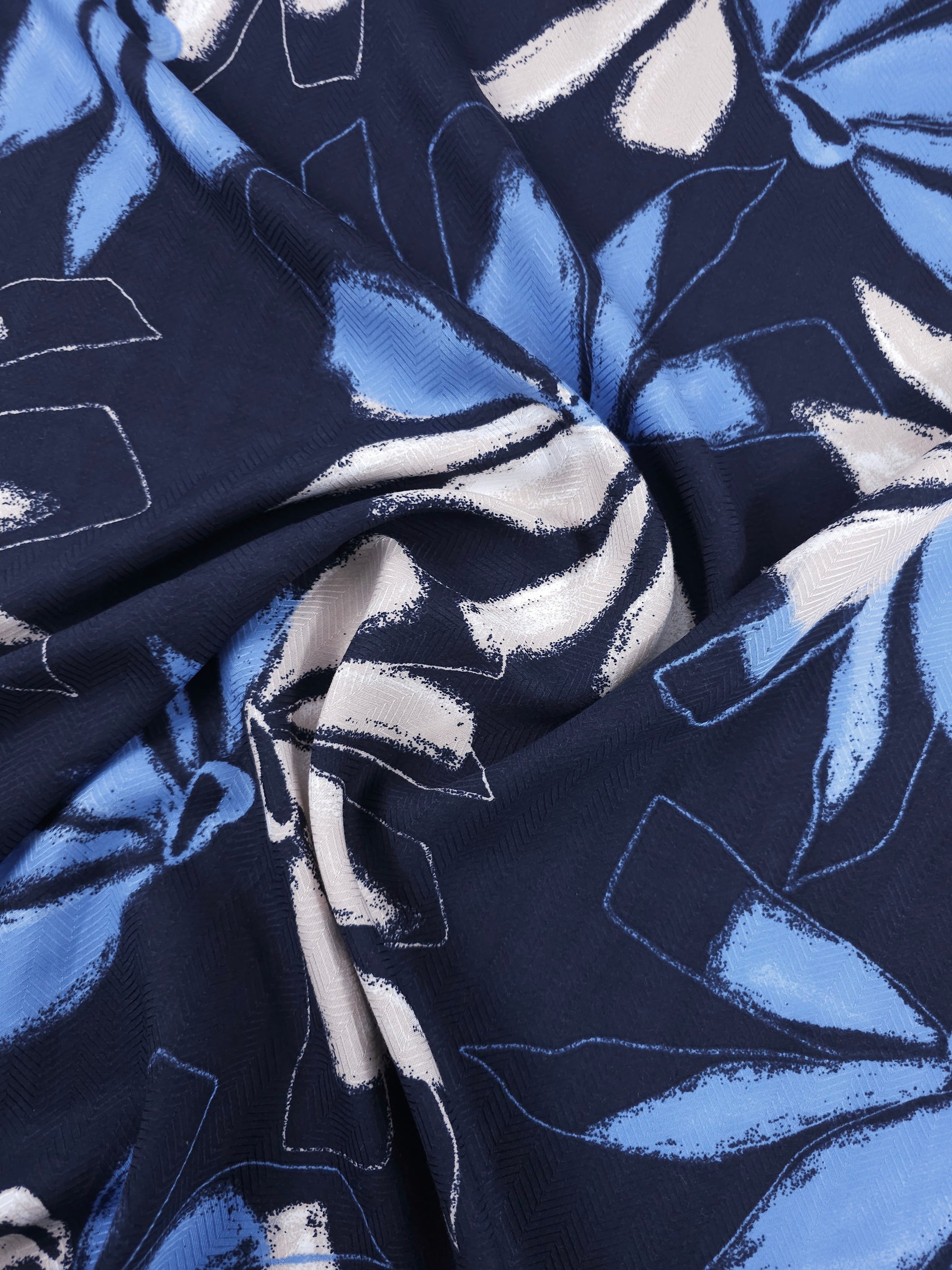 Navy Abstract Floral Herringbone Cupro Viscose