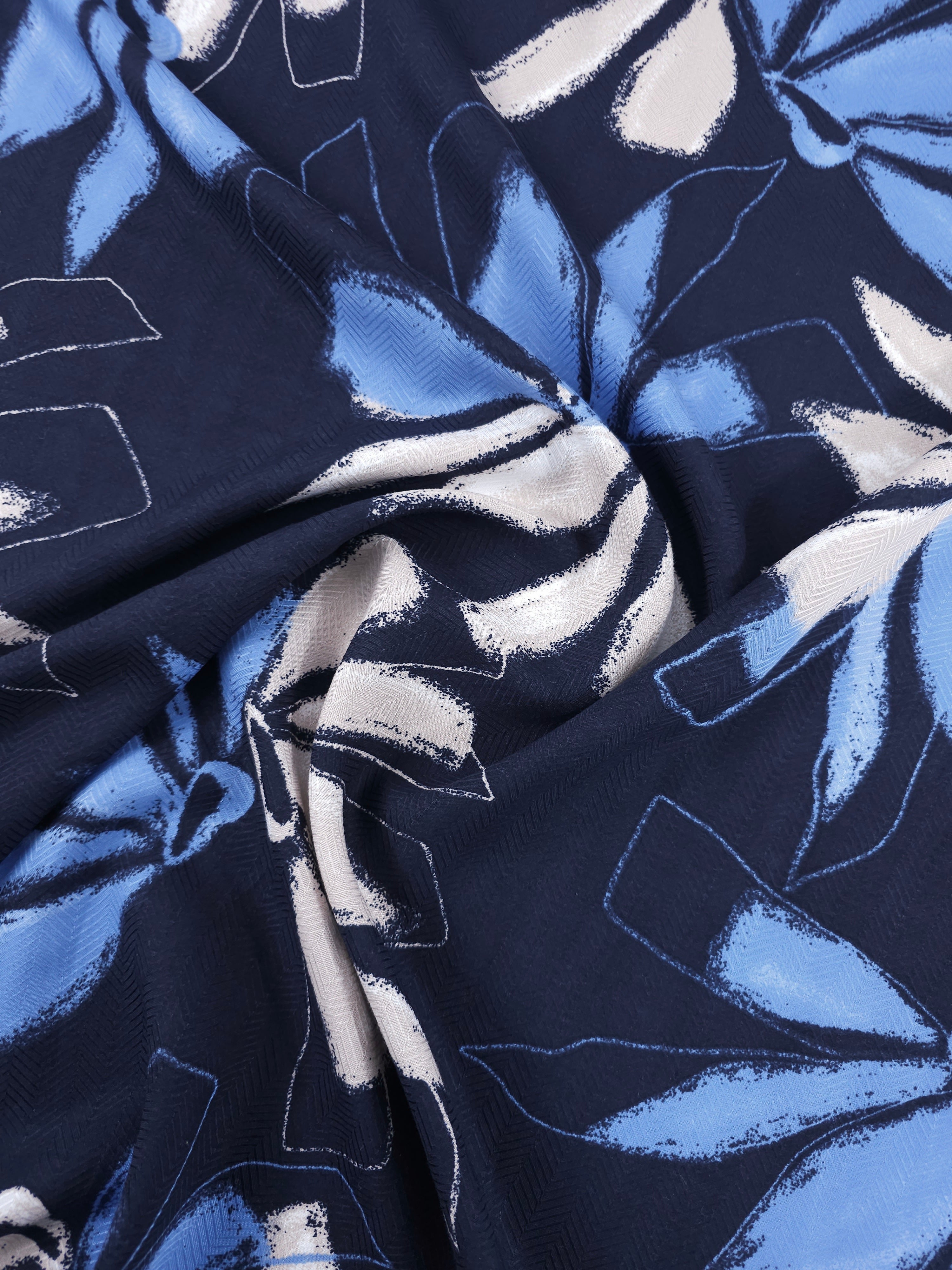 Navy Abstract Floral Herringbone Cupro Viscose