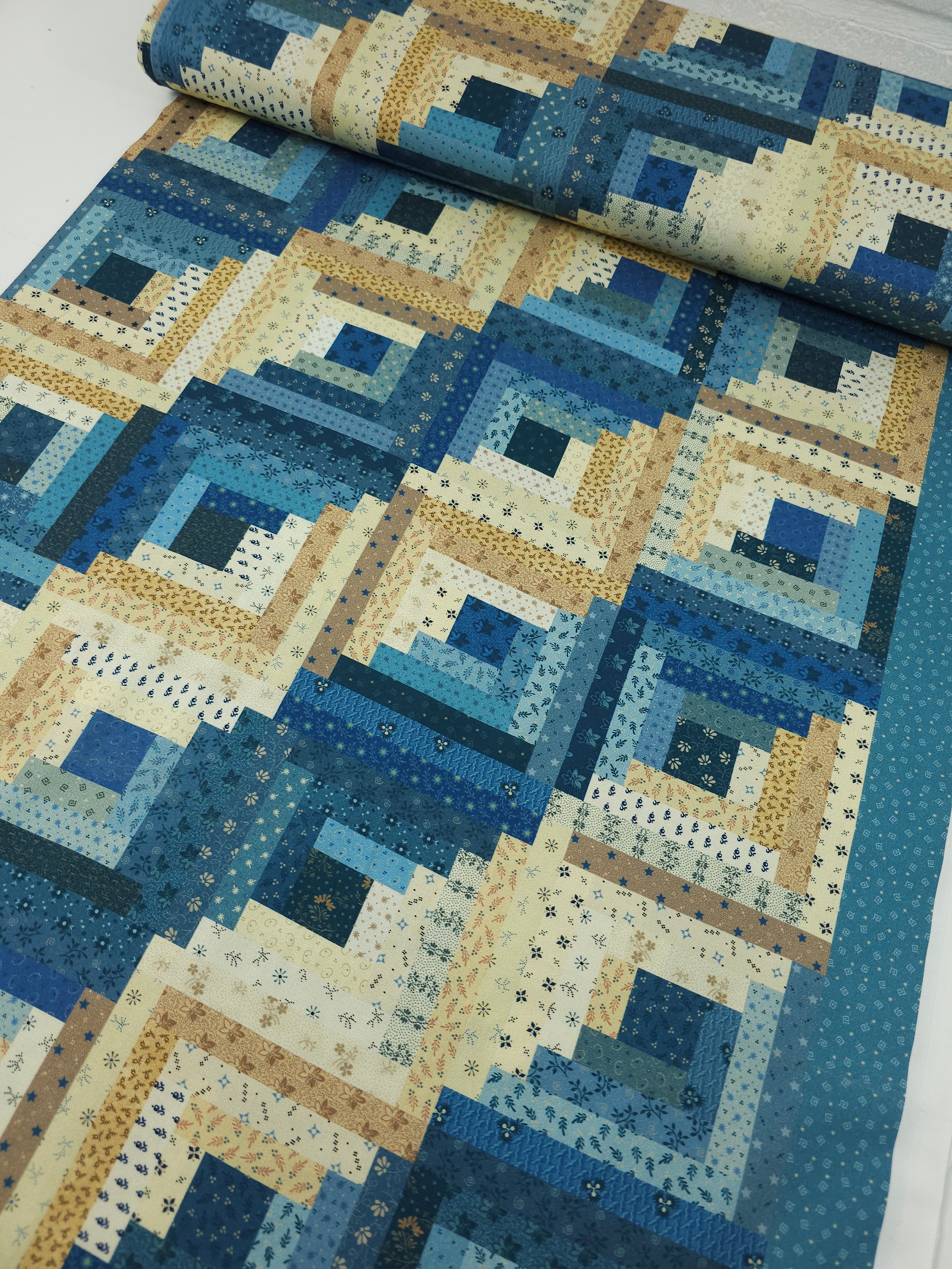 Blue/Cream Muted Patchwork 100% Cotton