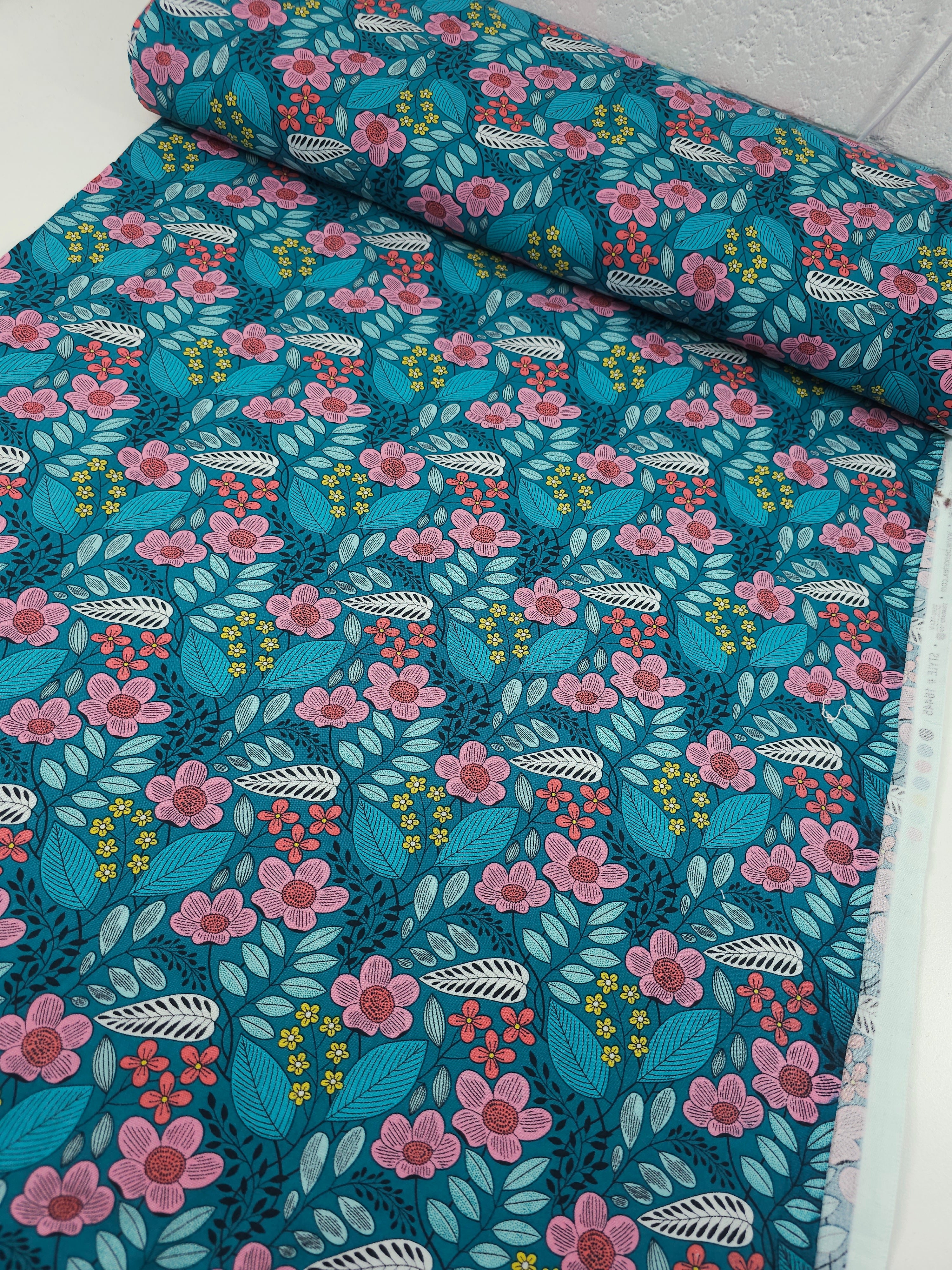 Teal Flouresence Floral 100% Cotton - Benartex