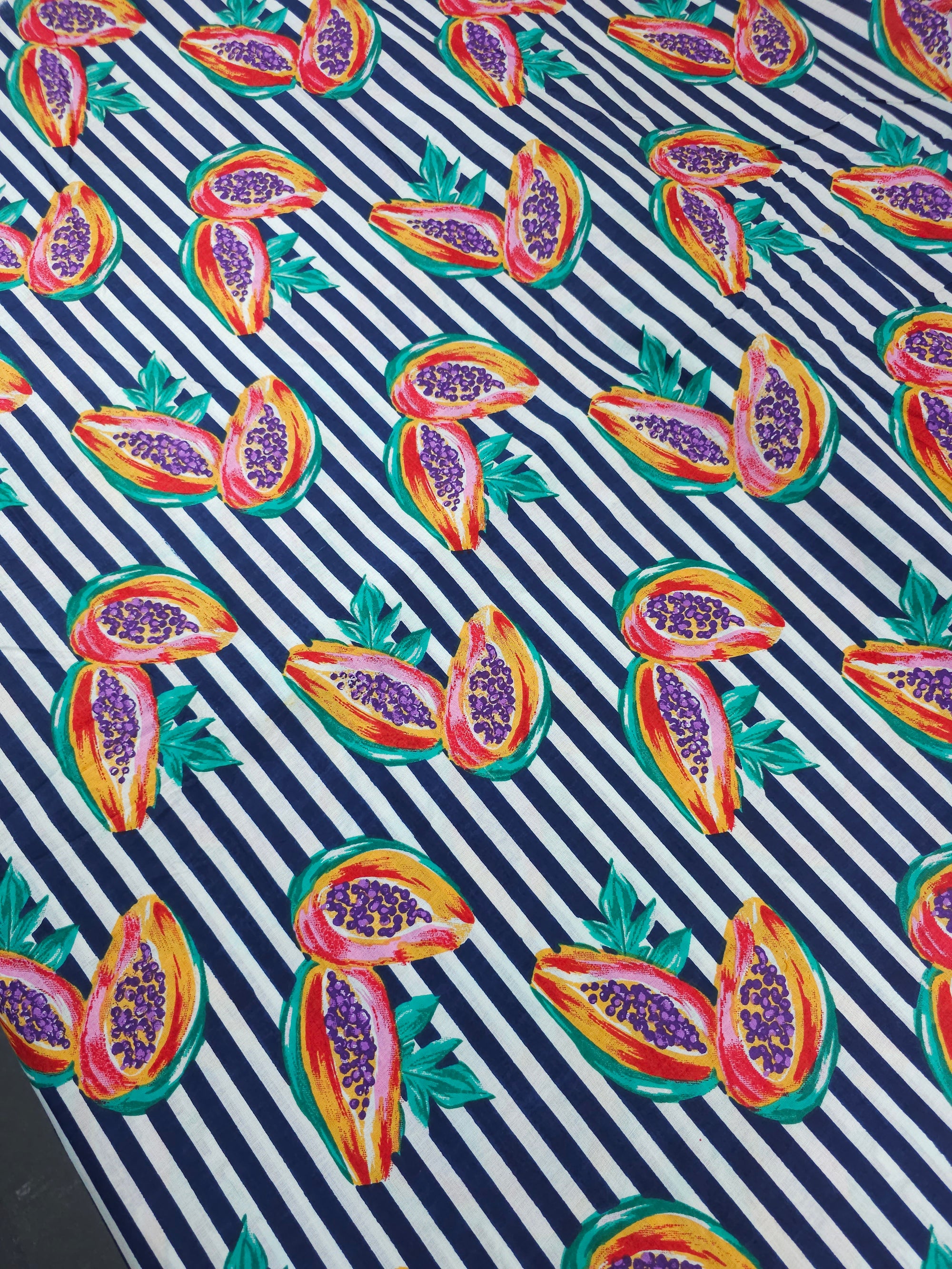 Navy Papaya Stripe Lightweight Cambric Cotton