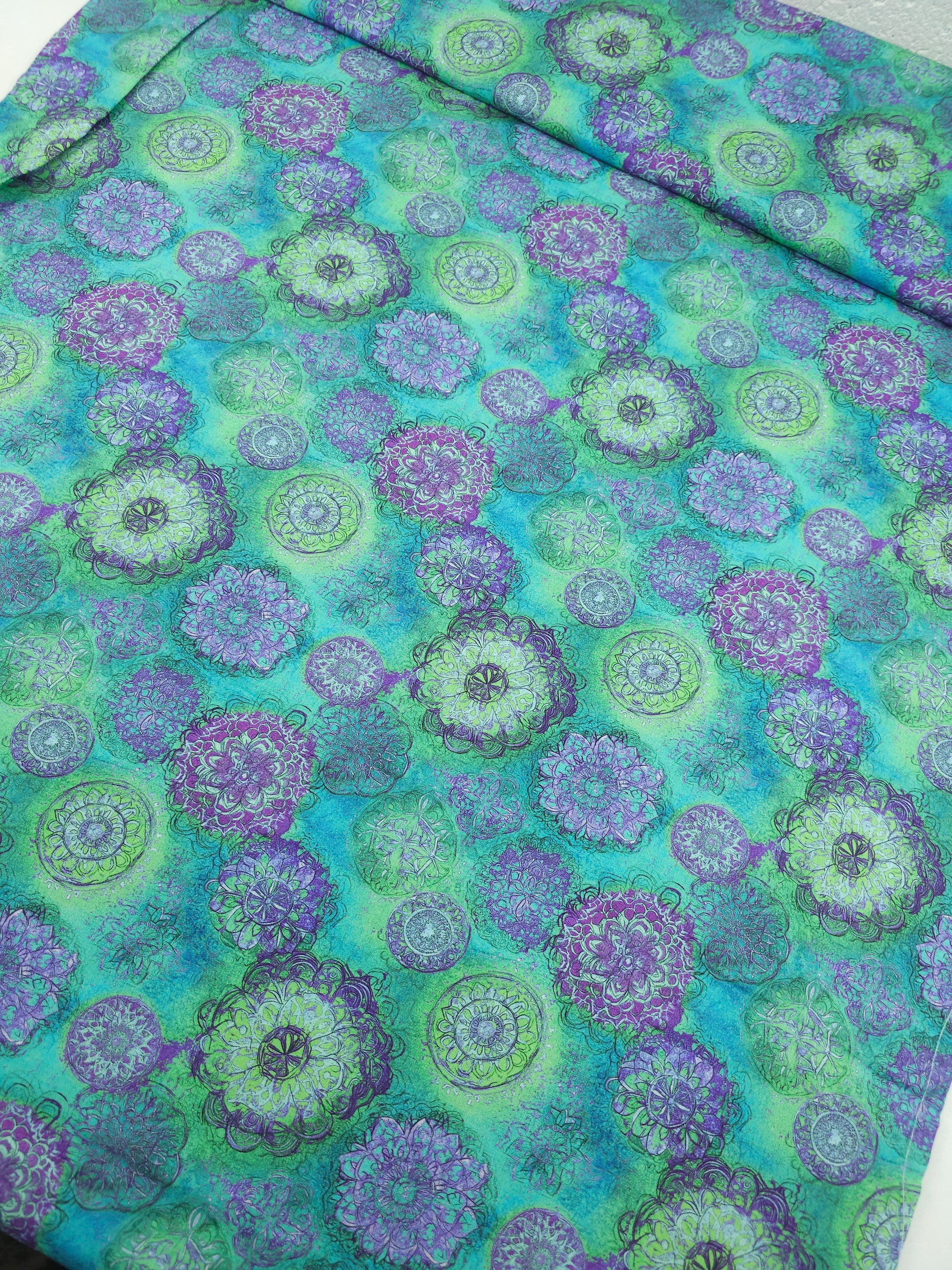 Aqua/Purple Spiral Medallion 100% Cotton 106" *EXTRA WIDE*