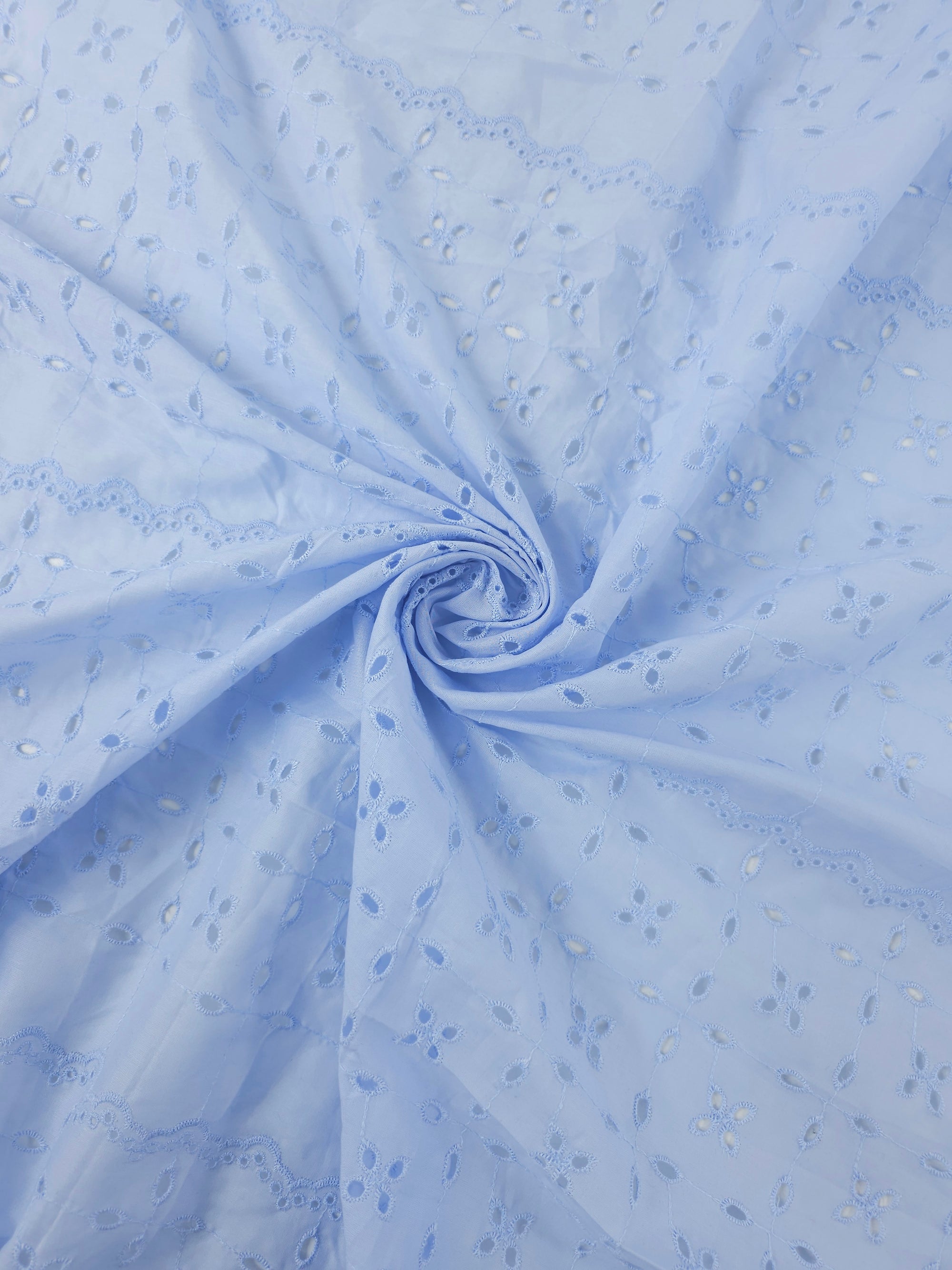 Baby Blue Floral Block Stripe Cambric Cotton Broderie Anglaise