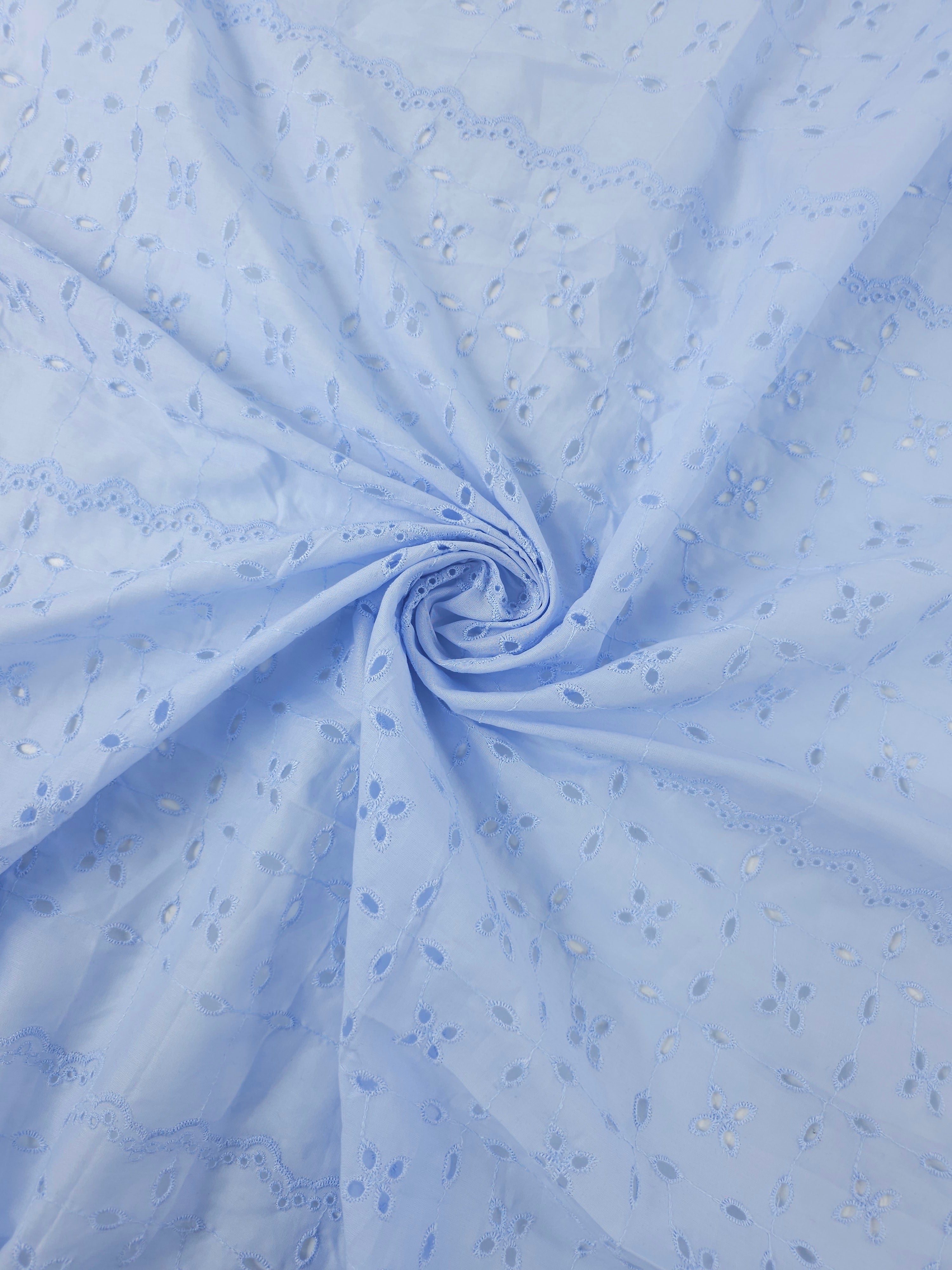 Baby Blue Floral Block Stripe Cambric Cotton Broderie Anglaise