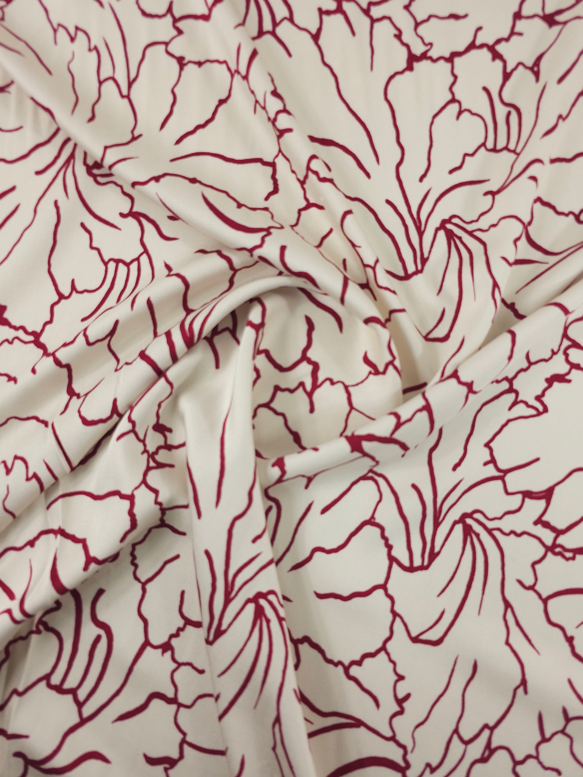 Wine/Cream Floral Outline Viscose Satin *DEFECT*