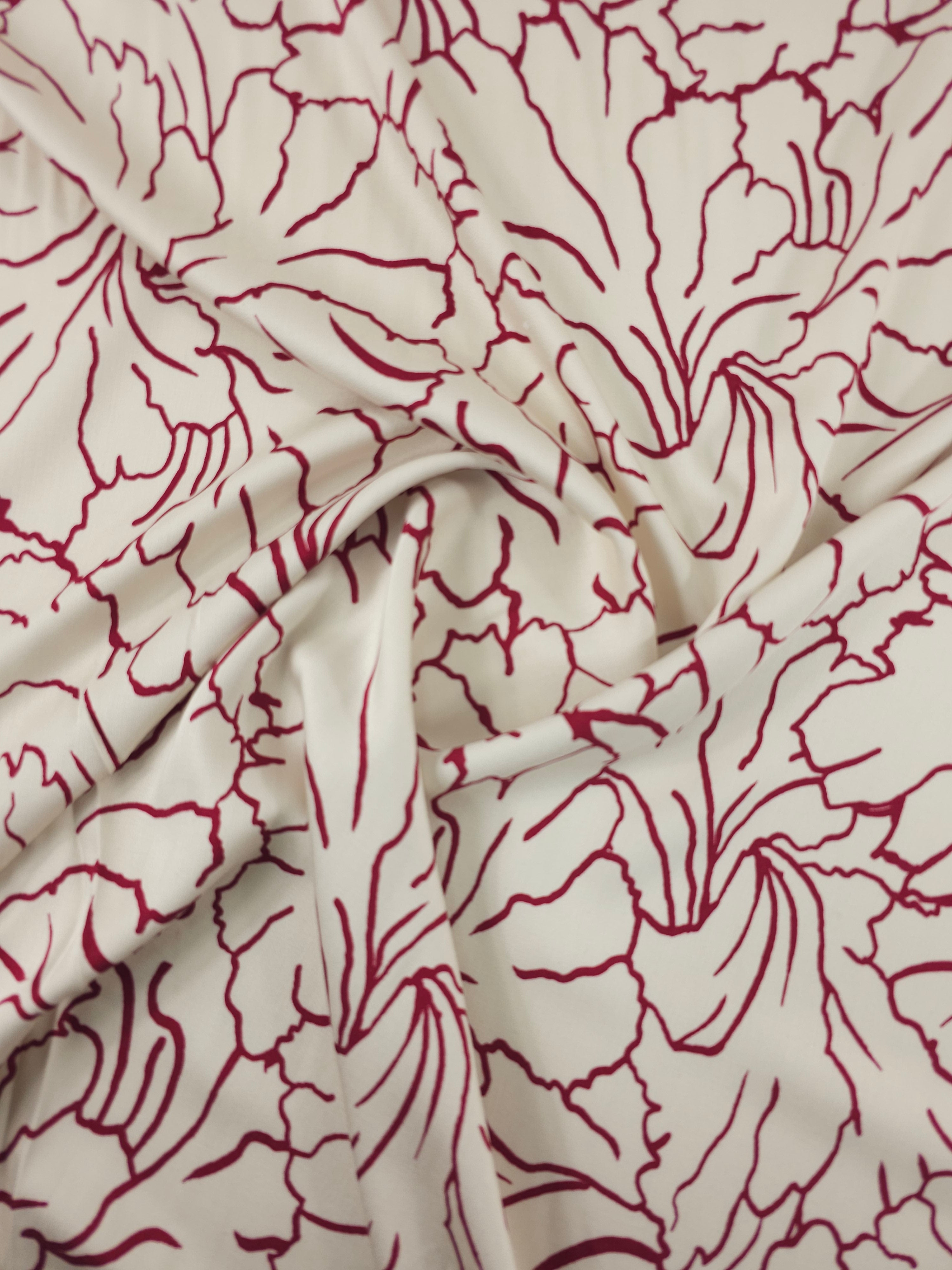 Wine/Cream Floral Outline Viscose Satin *DEFECT*