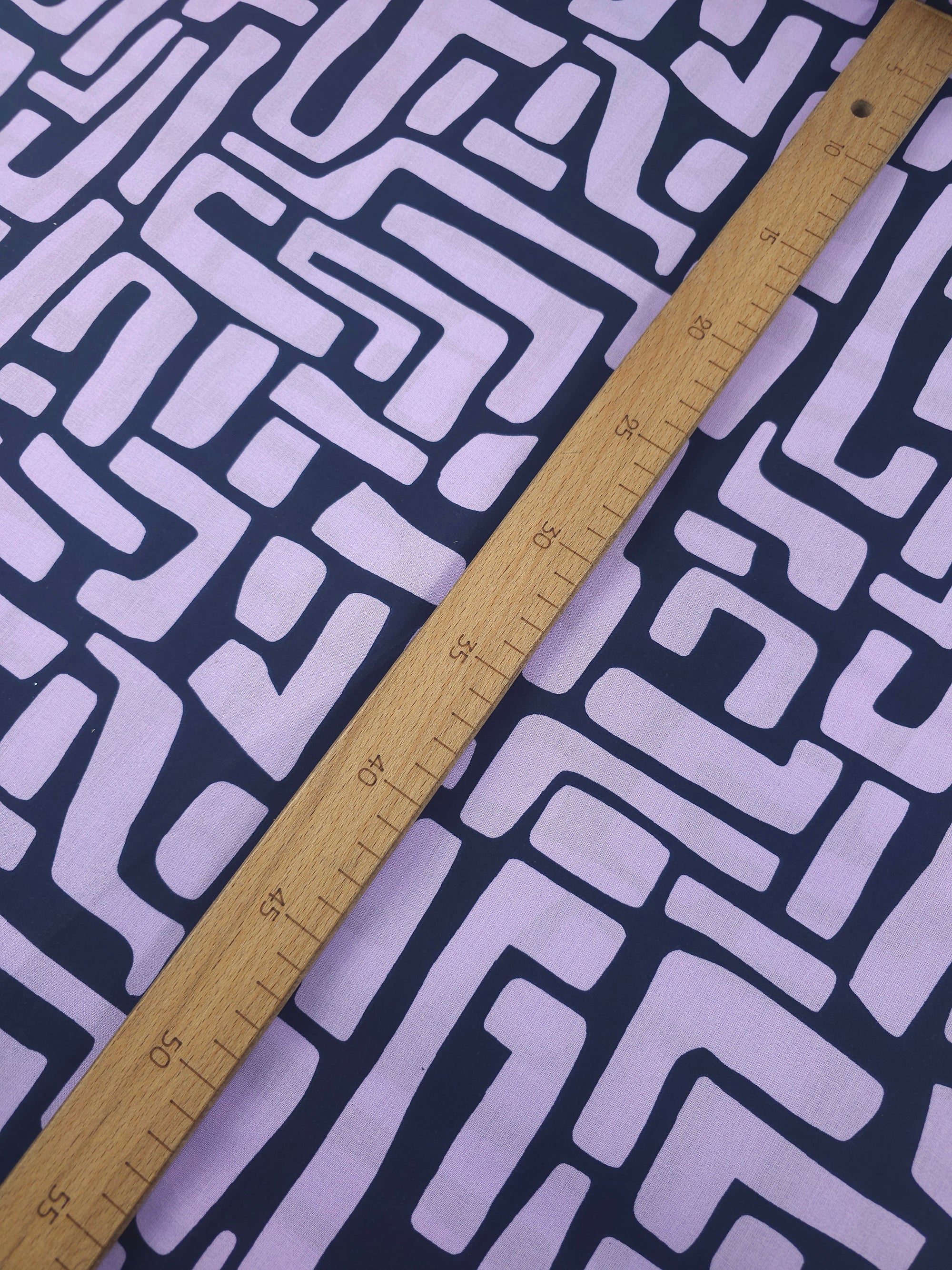 Lilac/Navy Abstract Maze Coated Cotton 60"