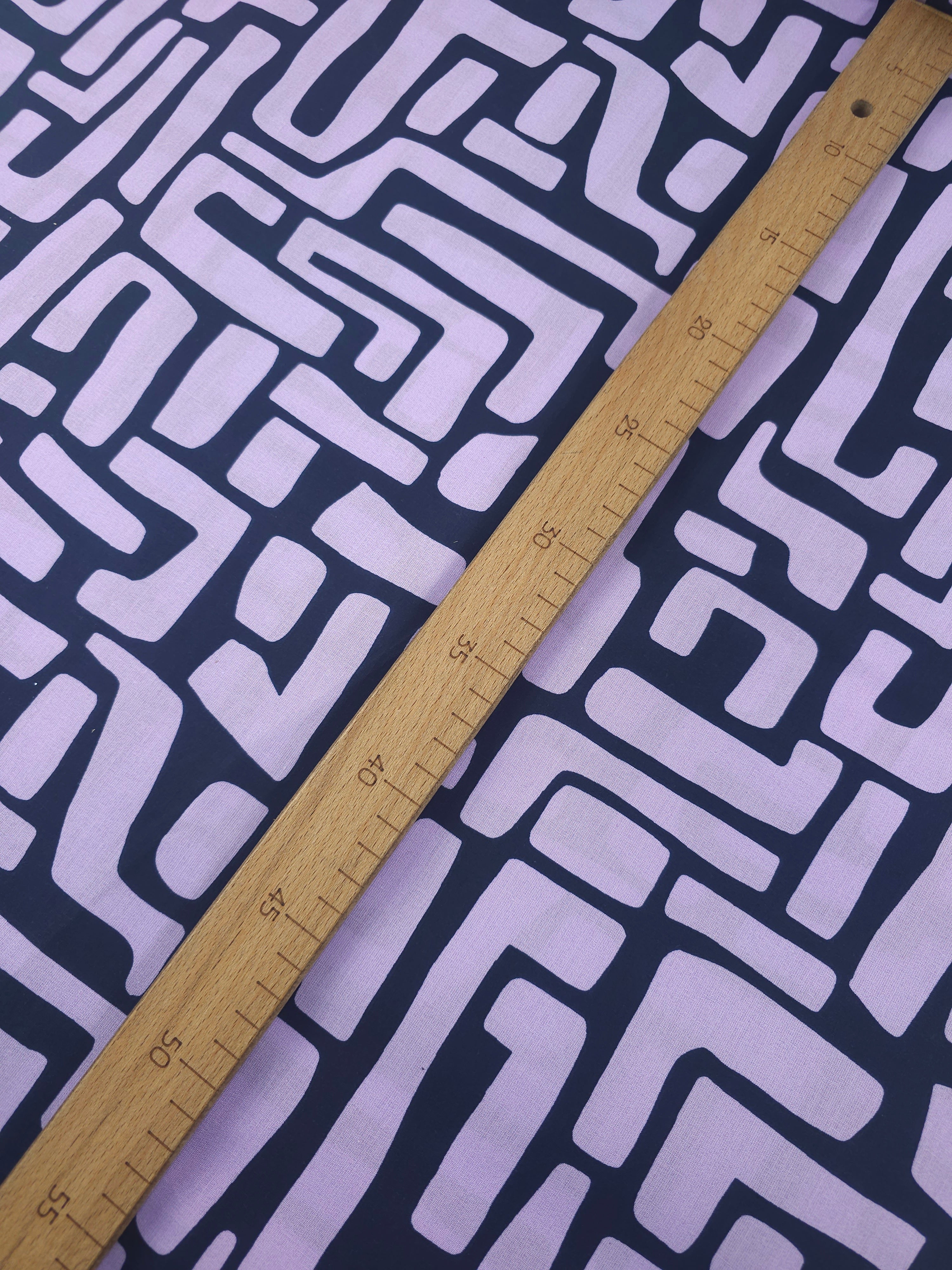 Lilac/Navy Abstract Maze Coated Cotton 60"