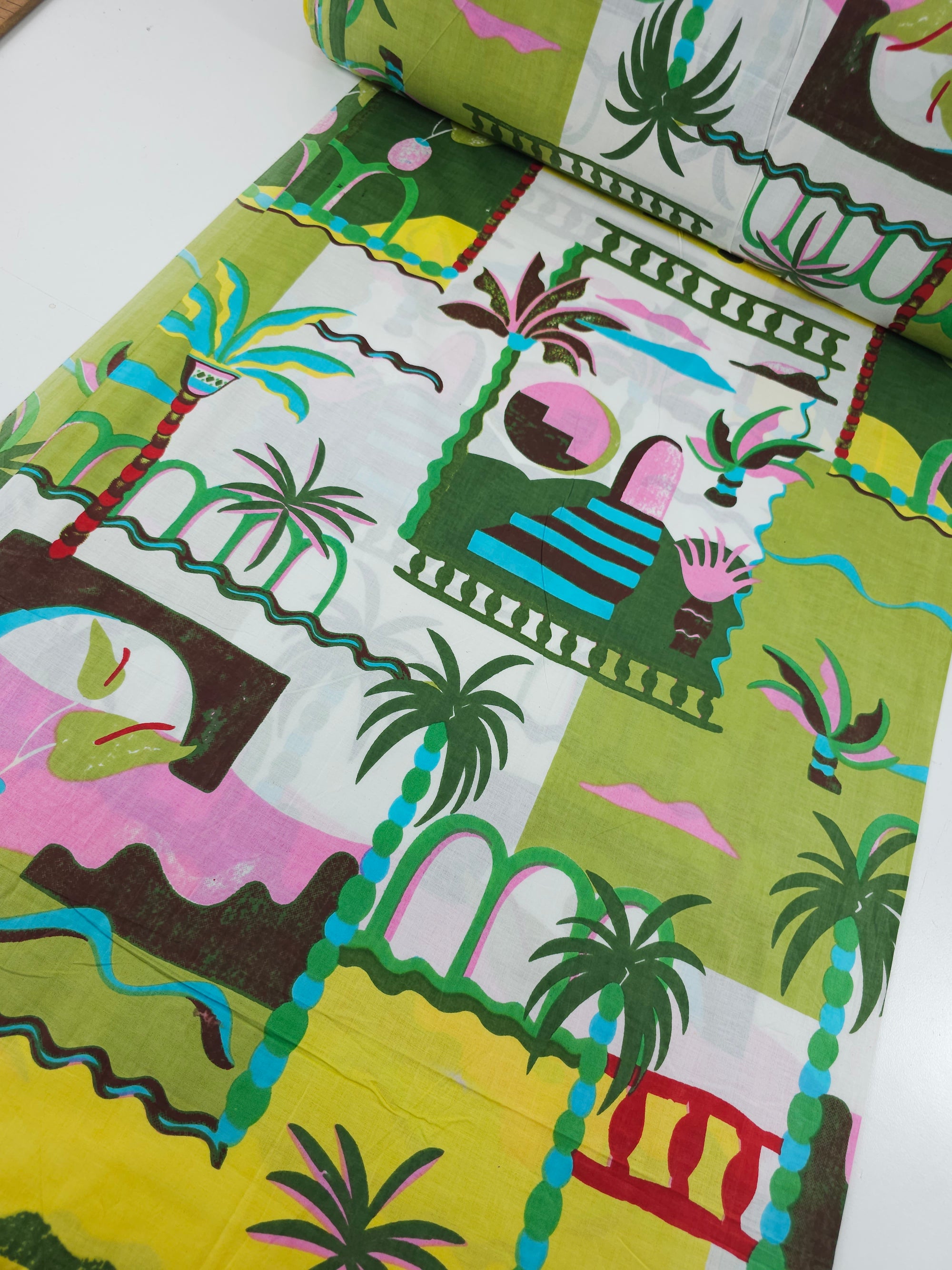 Lime/Yellow Palm Tree Scenery Cambric Cotton