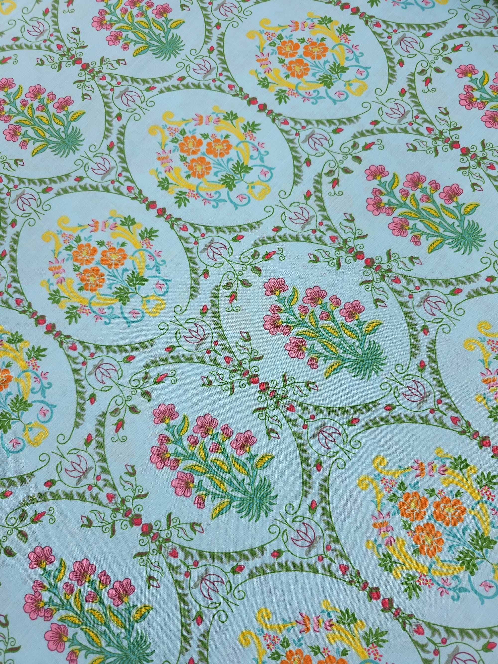 Light Blue Vintage Floral Opulence 100% Cotton 102" *EXTRA WIDE*