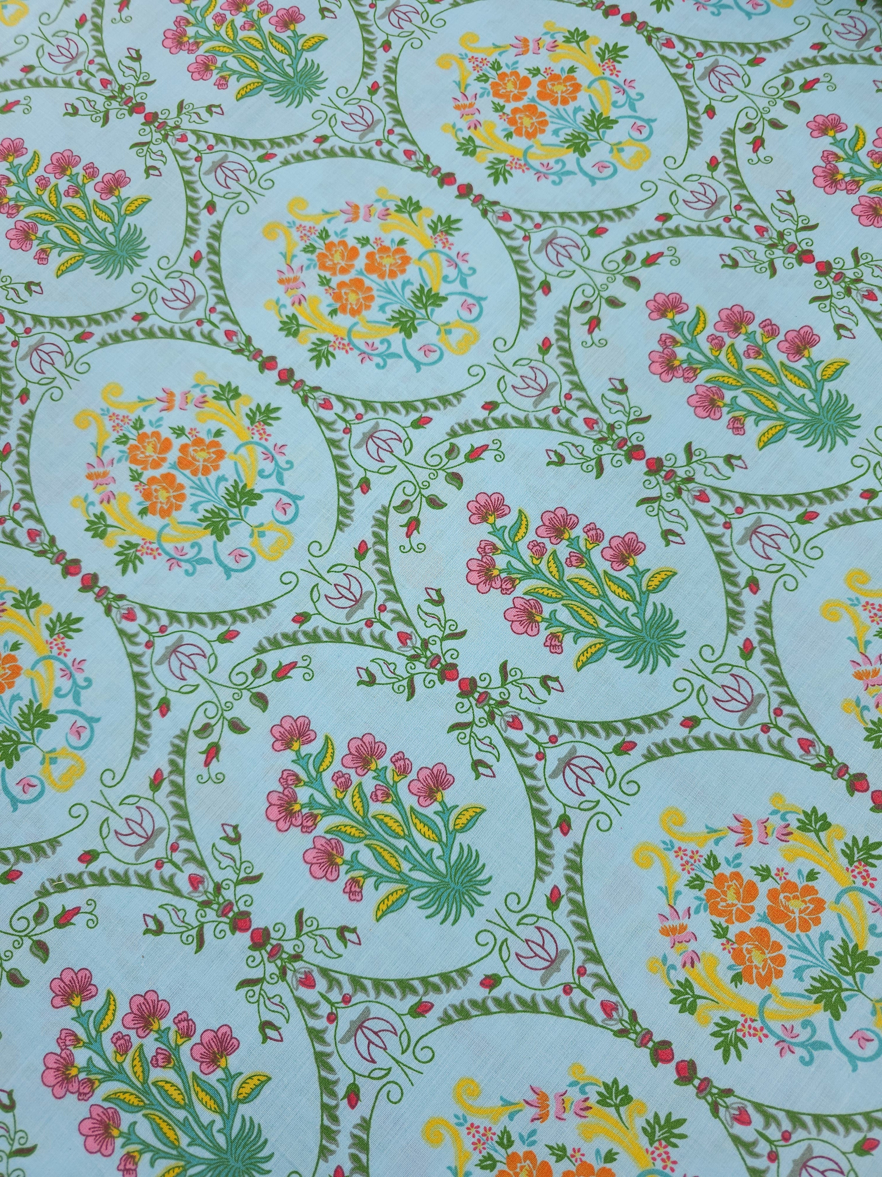 Light Blue Vintage Floral Opulence 100% Cotton 102" *EXTRA WIDE*