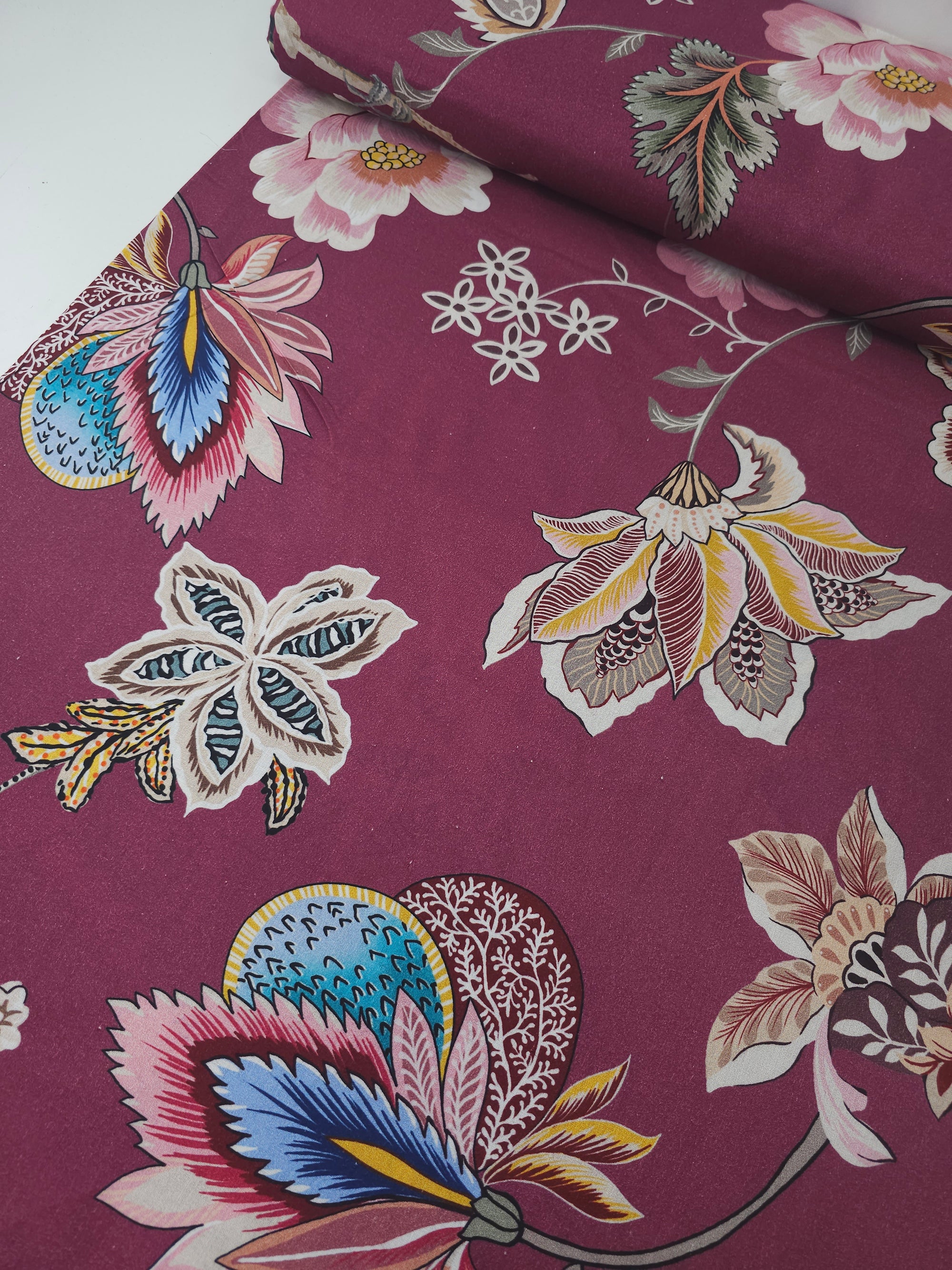 Burgundy Large Butterfly Bird Floral 100% Cotton 106" *EXTRA WIDE*