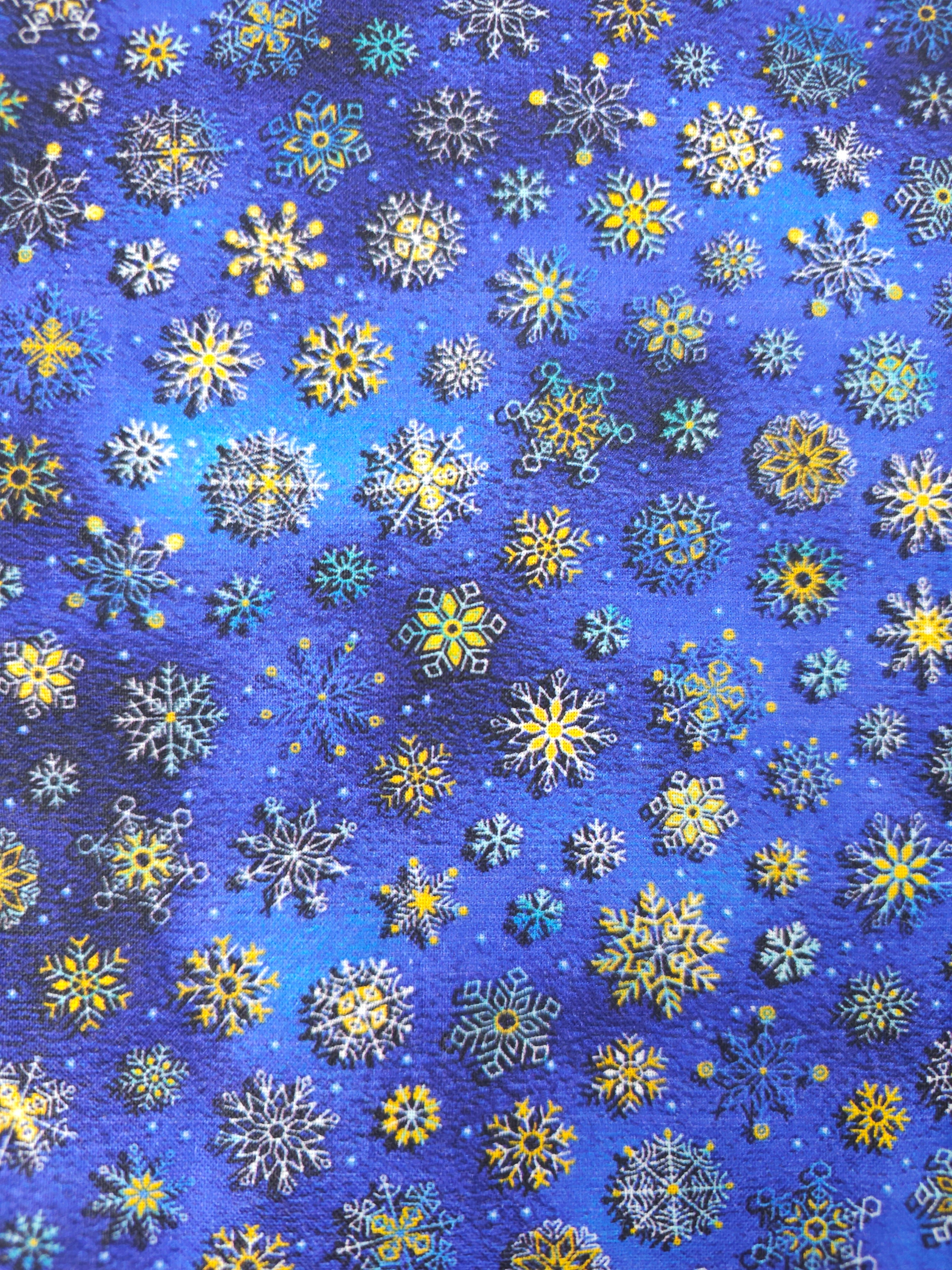 Blue/Gold Snowflakes 100% Cotton