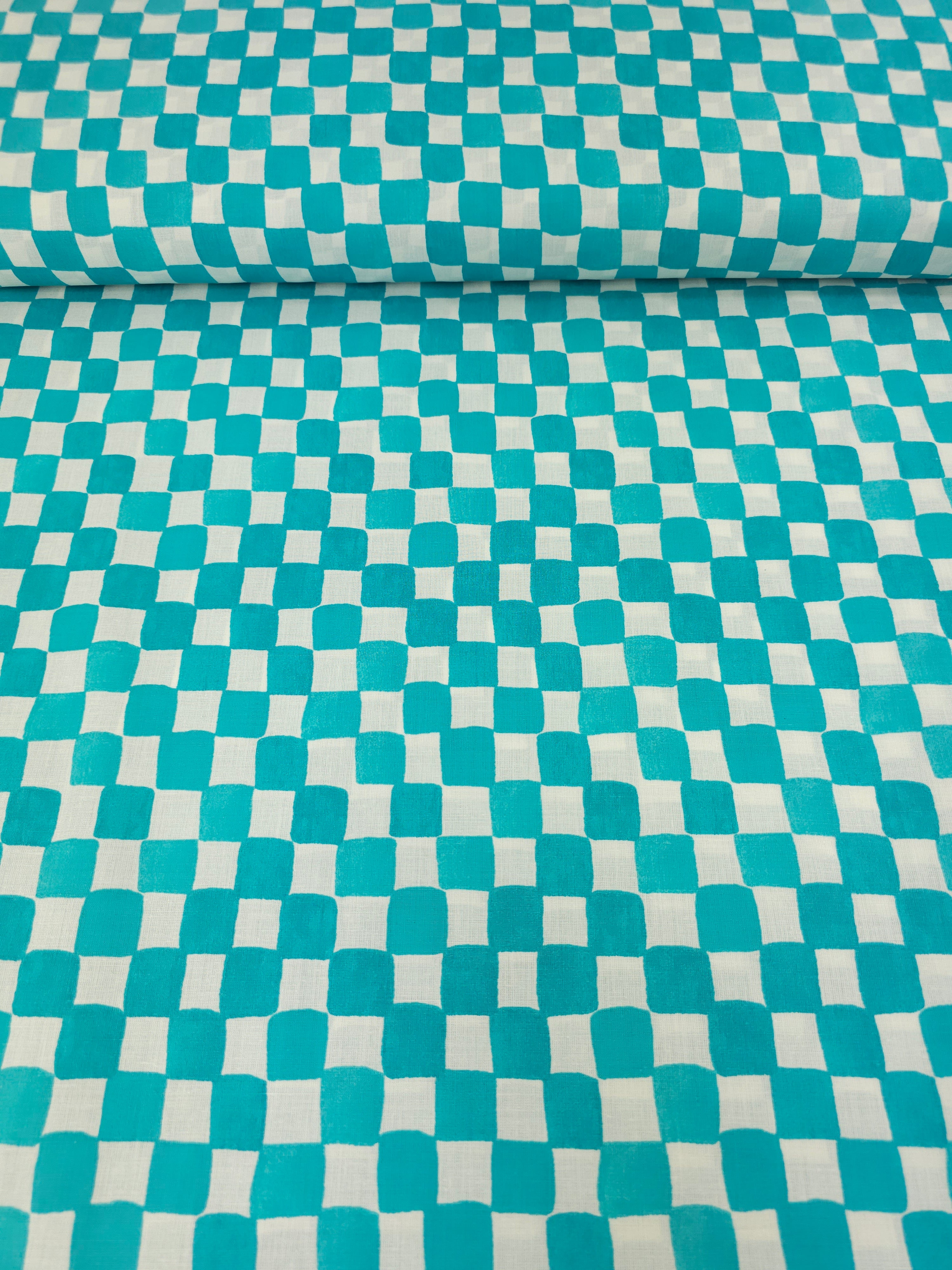 Aqua Teal Watercolour Check 100% Cotton 98" *EXTRA WIDE*