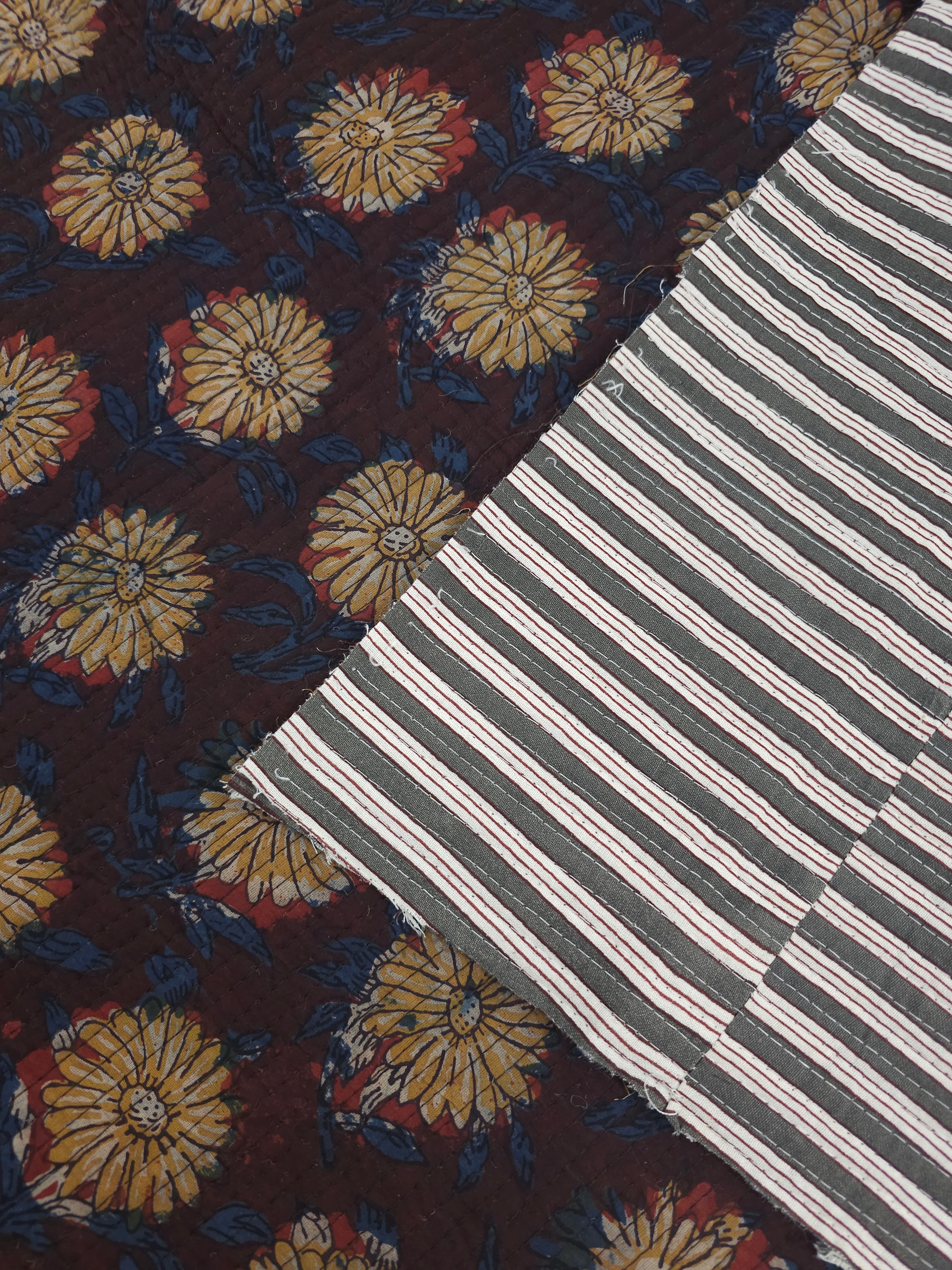 Deep Burgundy/Blue Ruffle Floral Quilted Block Print