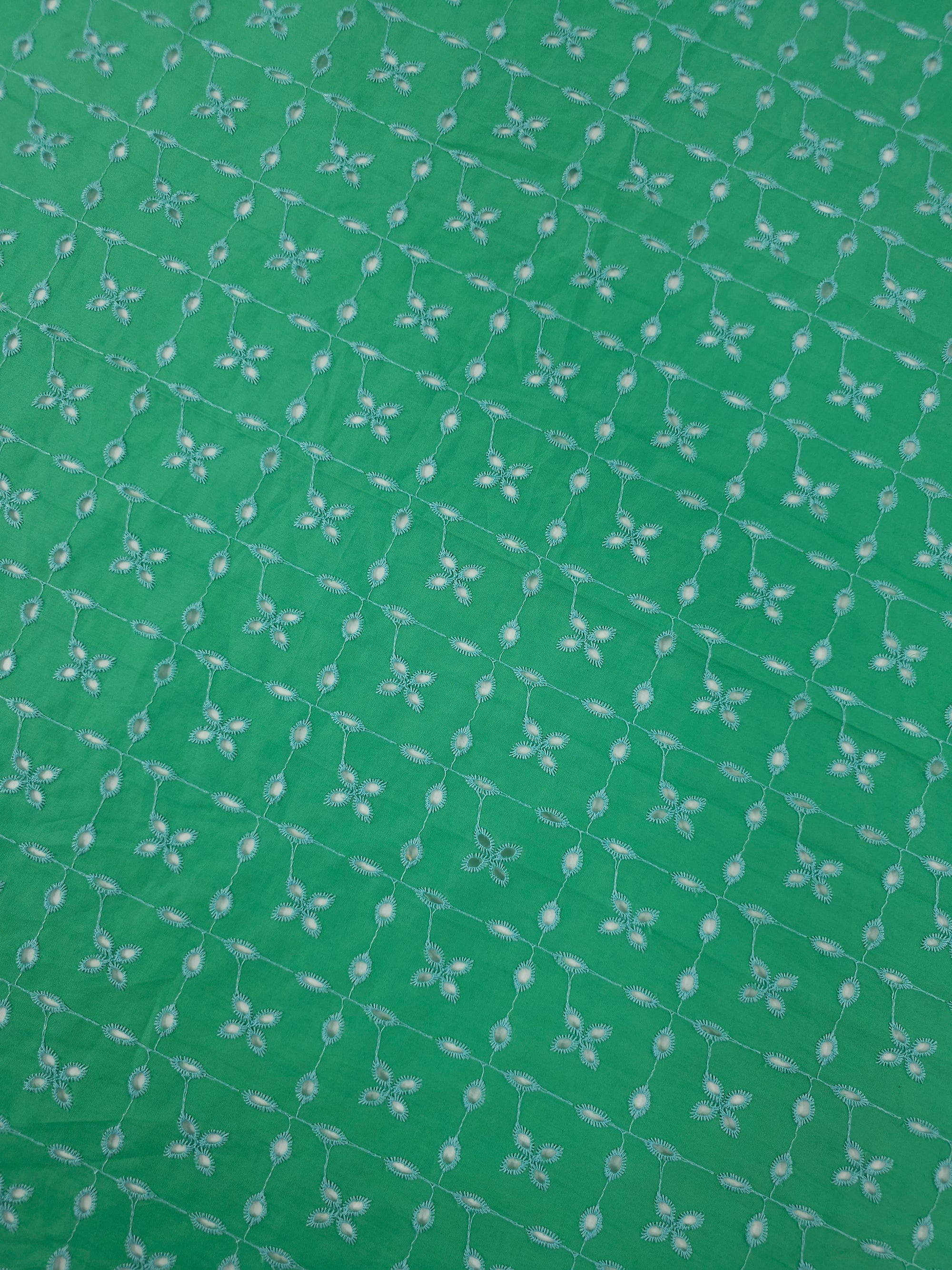Green/Blue Petal Square Grid Cambric Cotton Broderie Anglaise