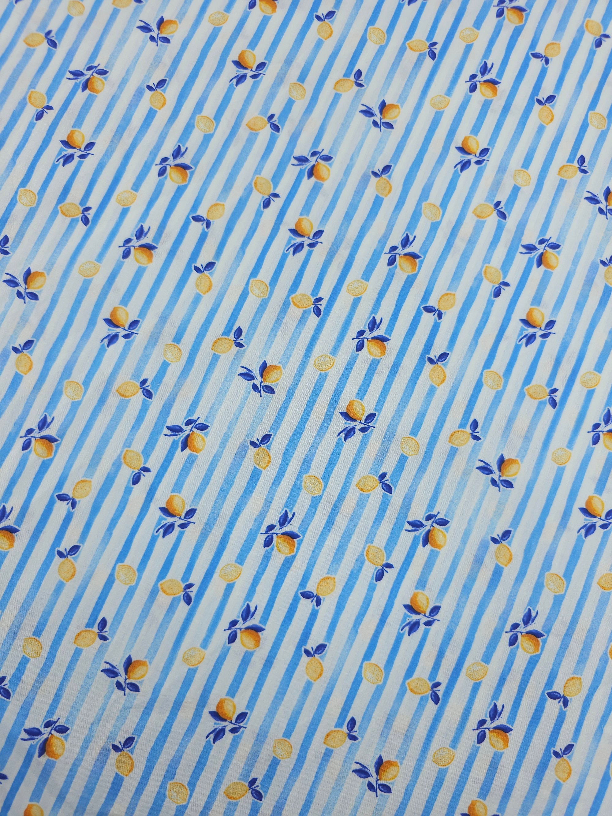 Blue Mini Ditsy Lemon Stripe Lightweight Cotton 60"