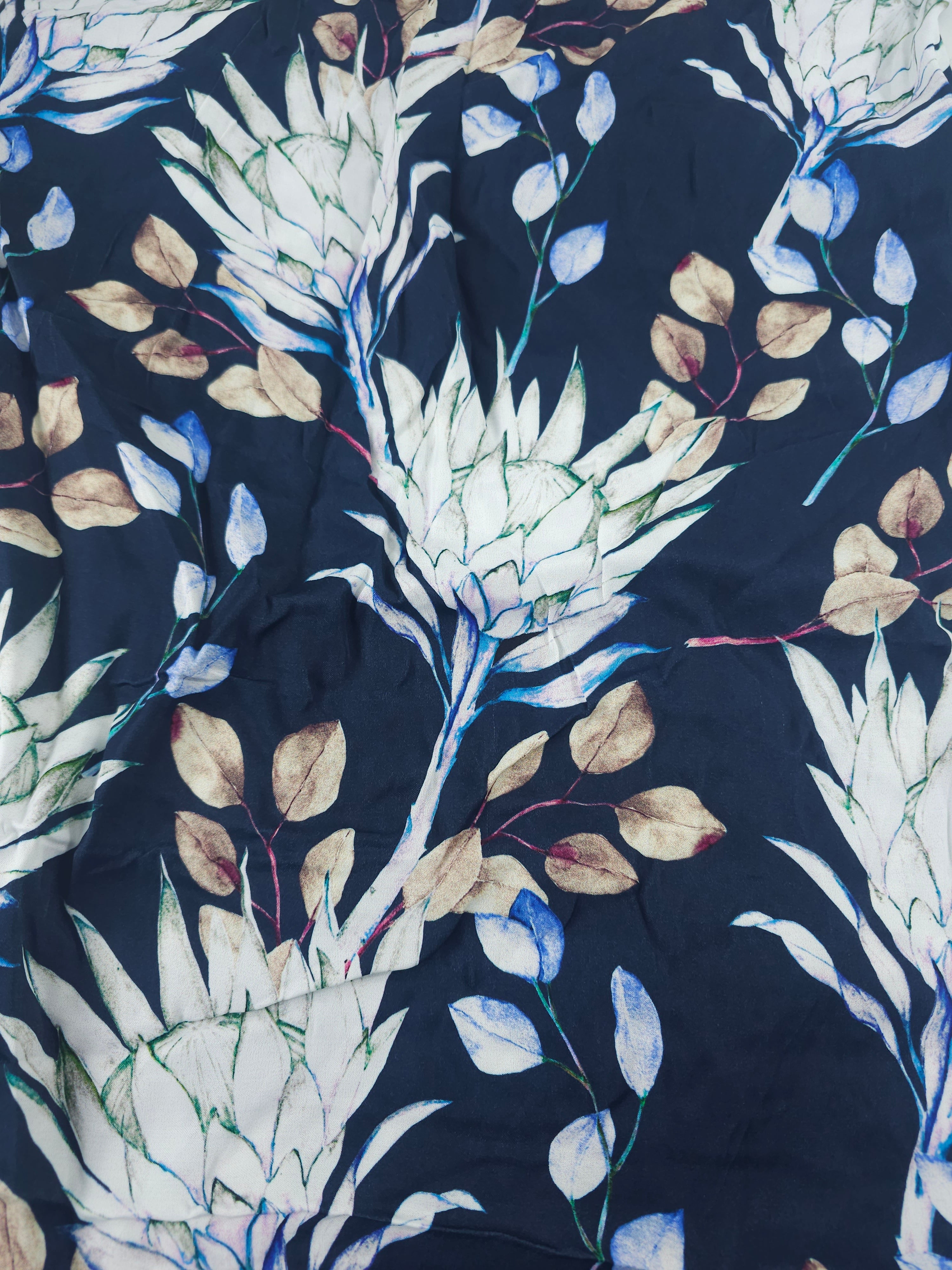 Navy plant Viscose sateen- 1m piece