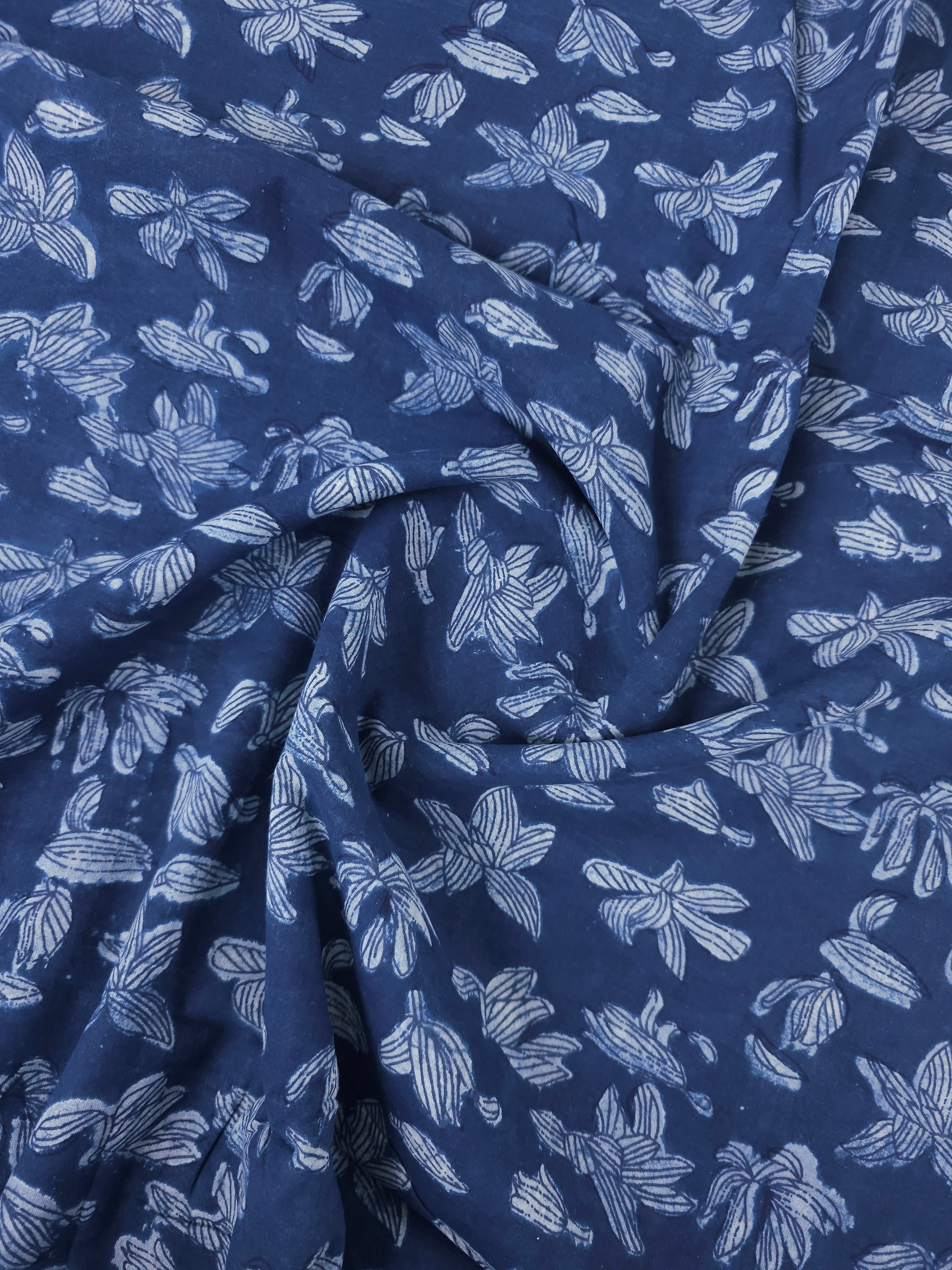 Indigo Navy Leafy Floral Block Print Cotton