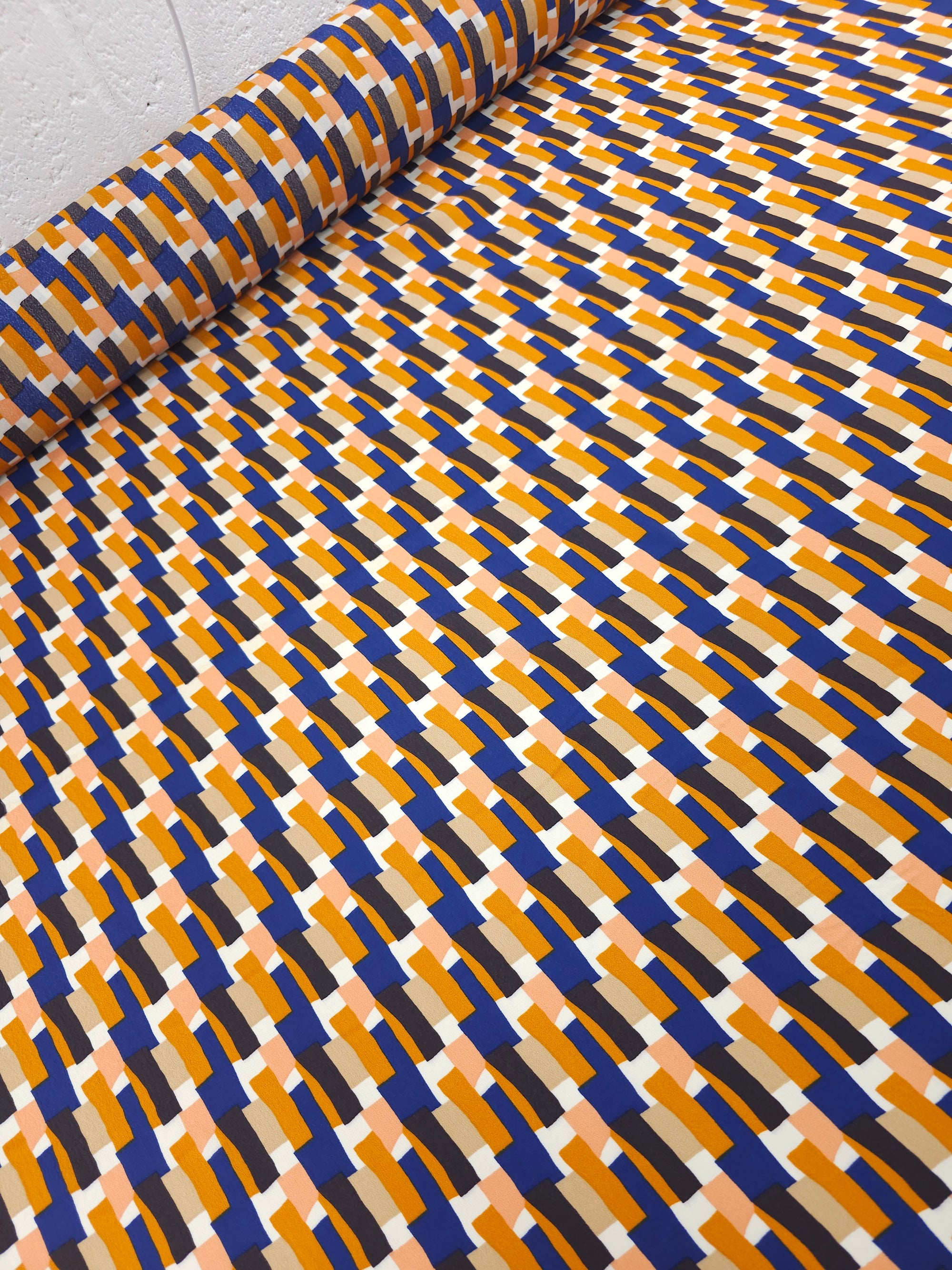 Orange/Blue Abstract Rectangle Viscose Crepe