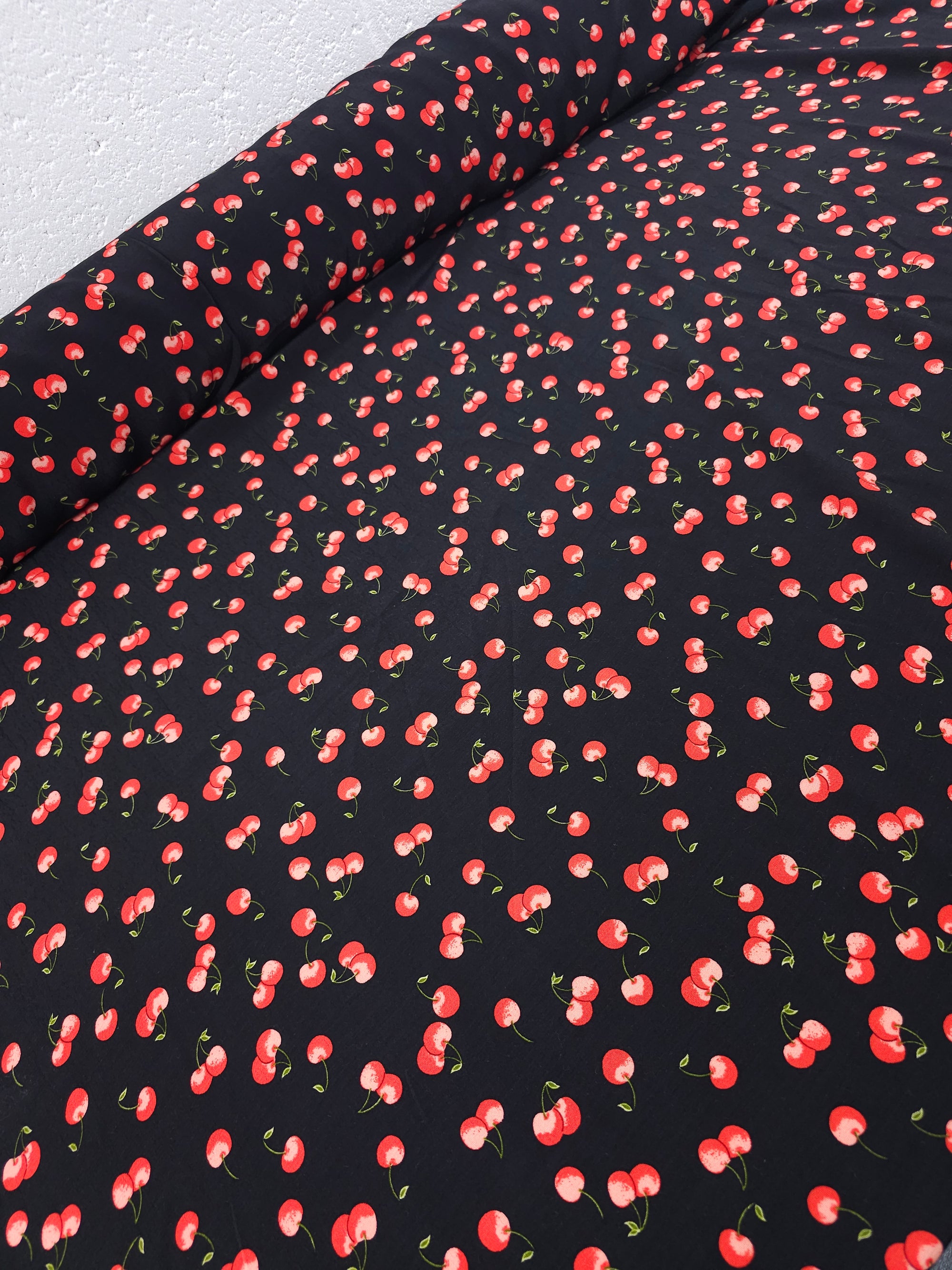 Red/Black Floating Cherry Mania Viscose Crepe