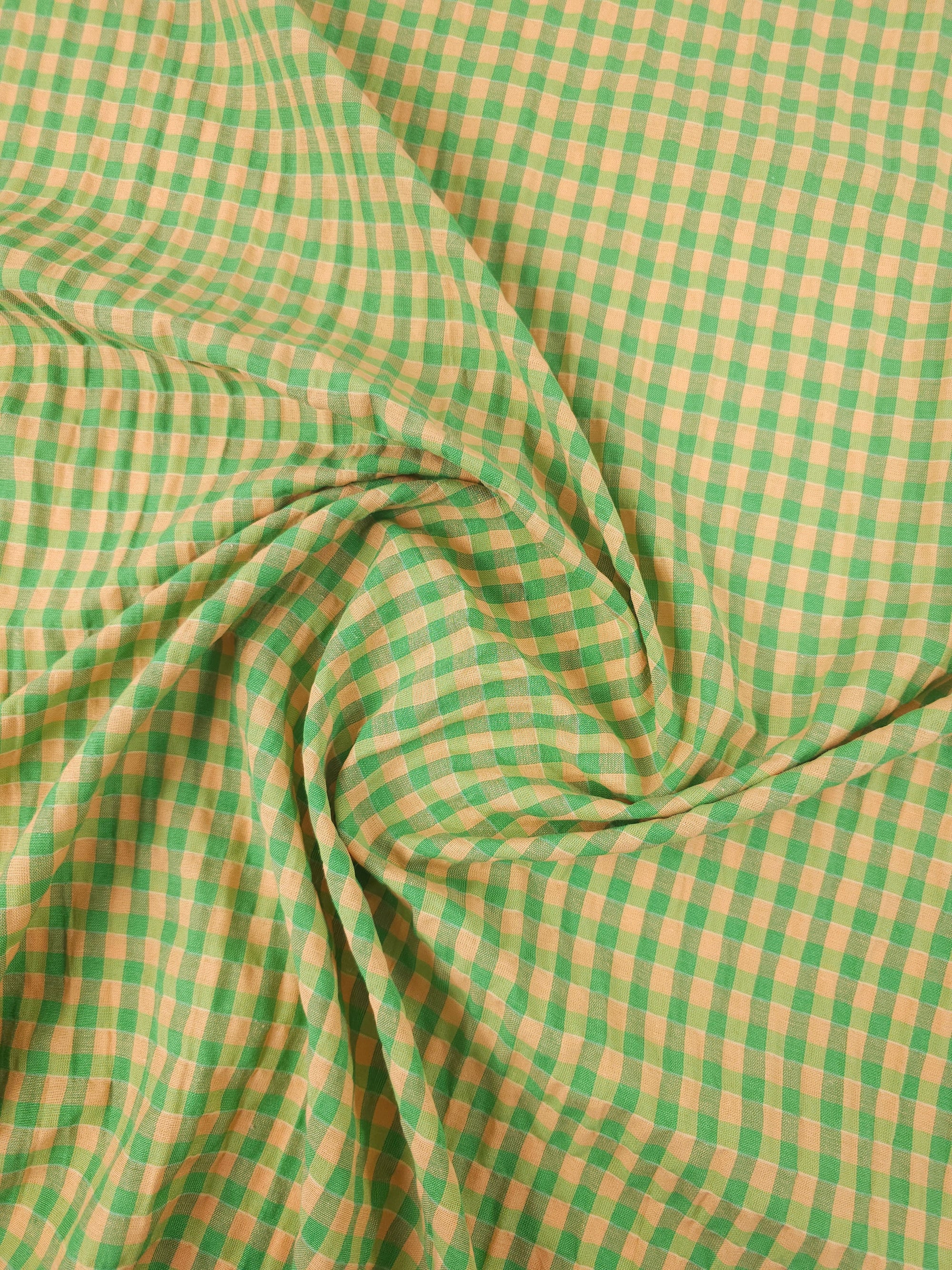 Green/Peach Crinkle Gingham Cotton Poly