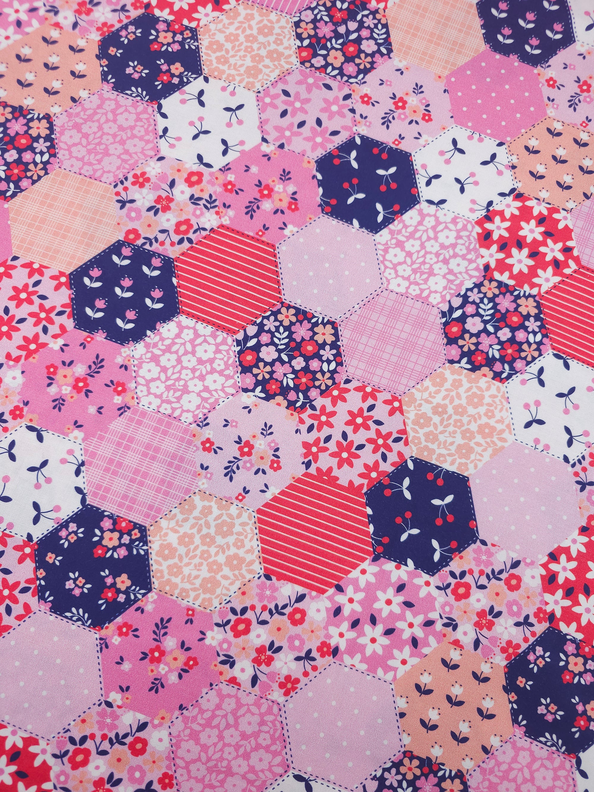 Cherry Floral Patchwork Hexagons 100% Cotton