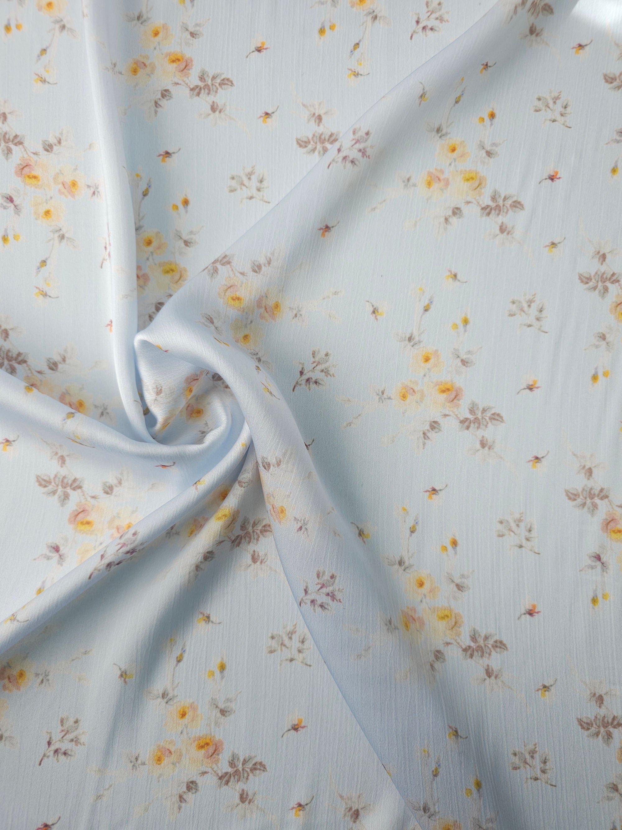 Pale Blue Vintage Floral Crinkle Poly Satin