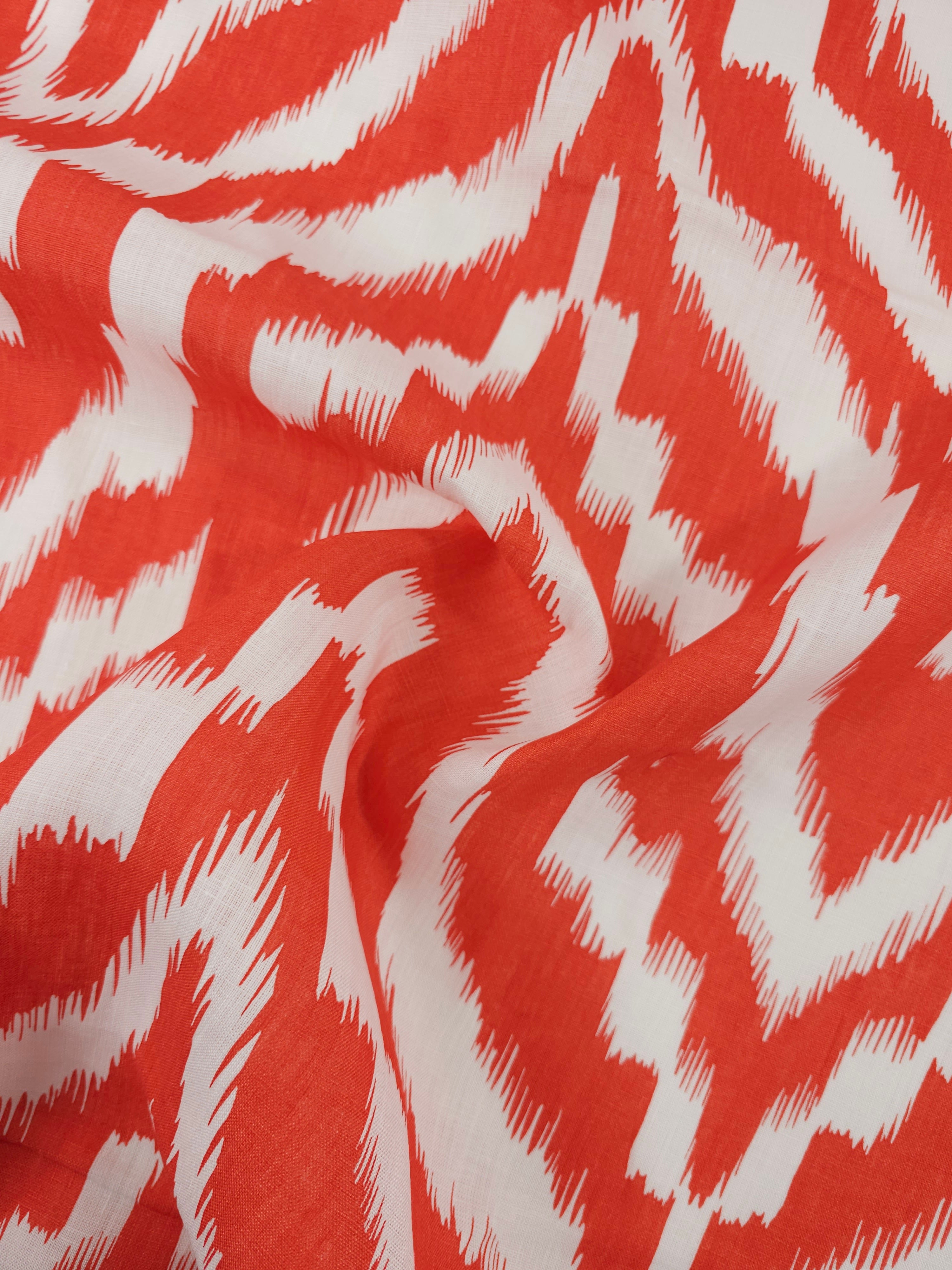 Orangey Red Abstract 100% Linen