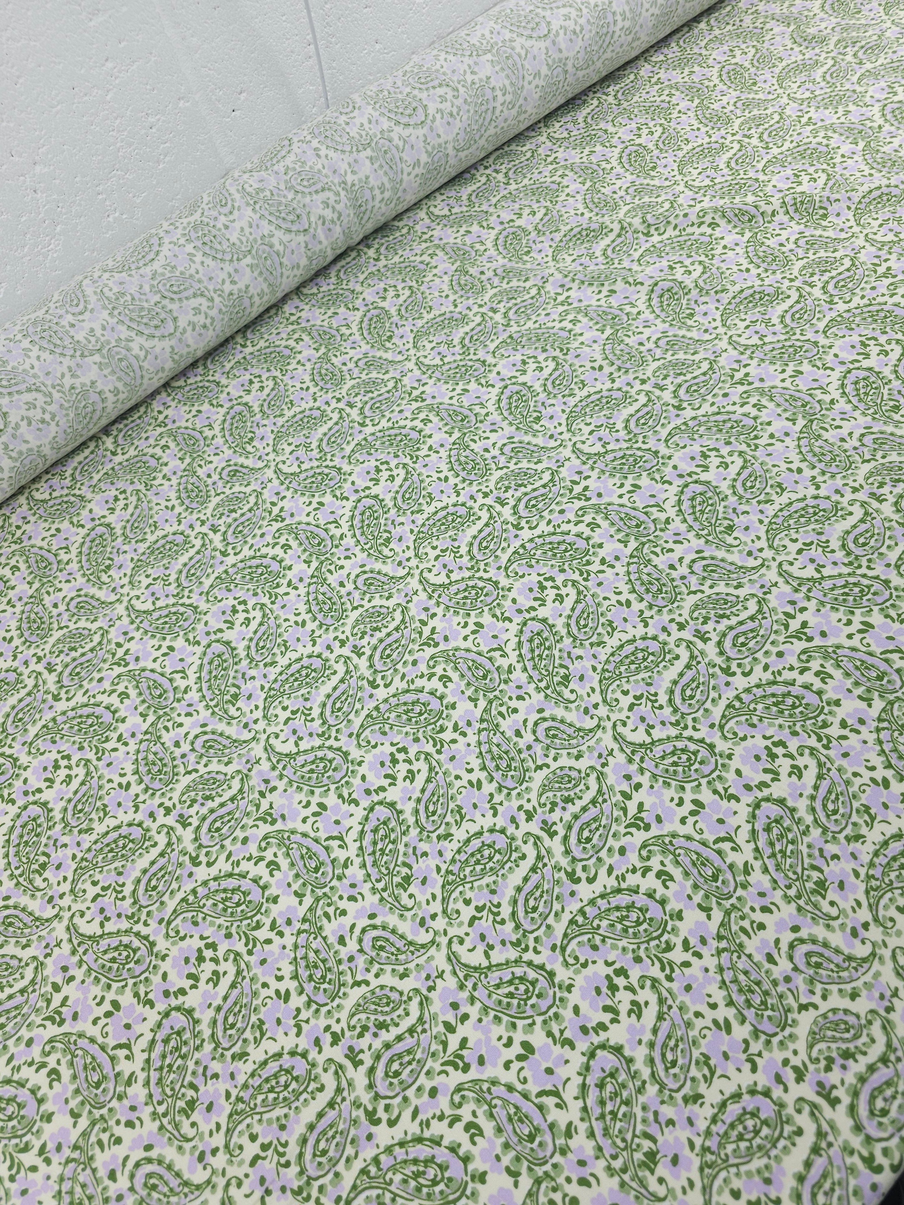 Green/Lilac Paisley Floral Viscose Challis