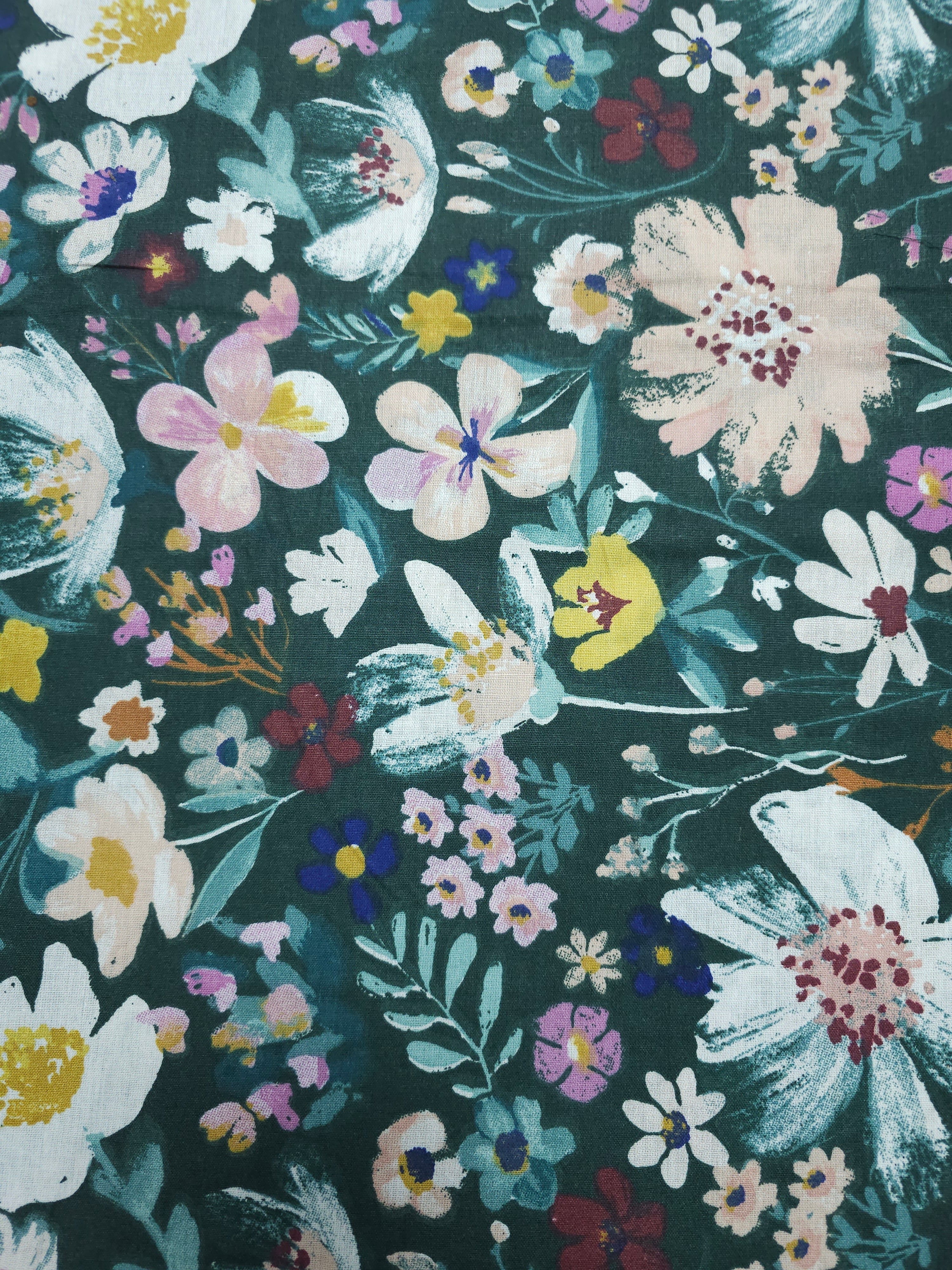 Bottle Green Floral Meadow 100% Cotton 94"