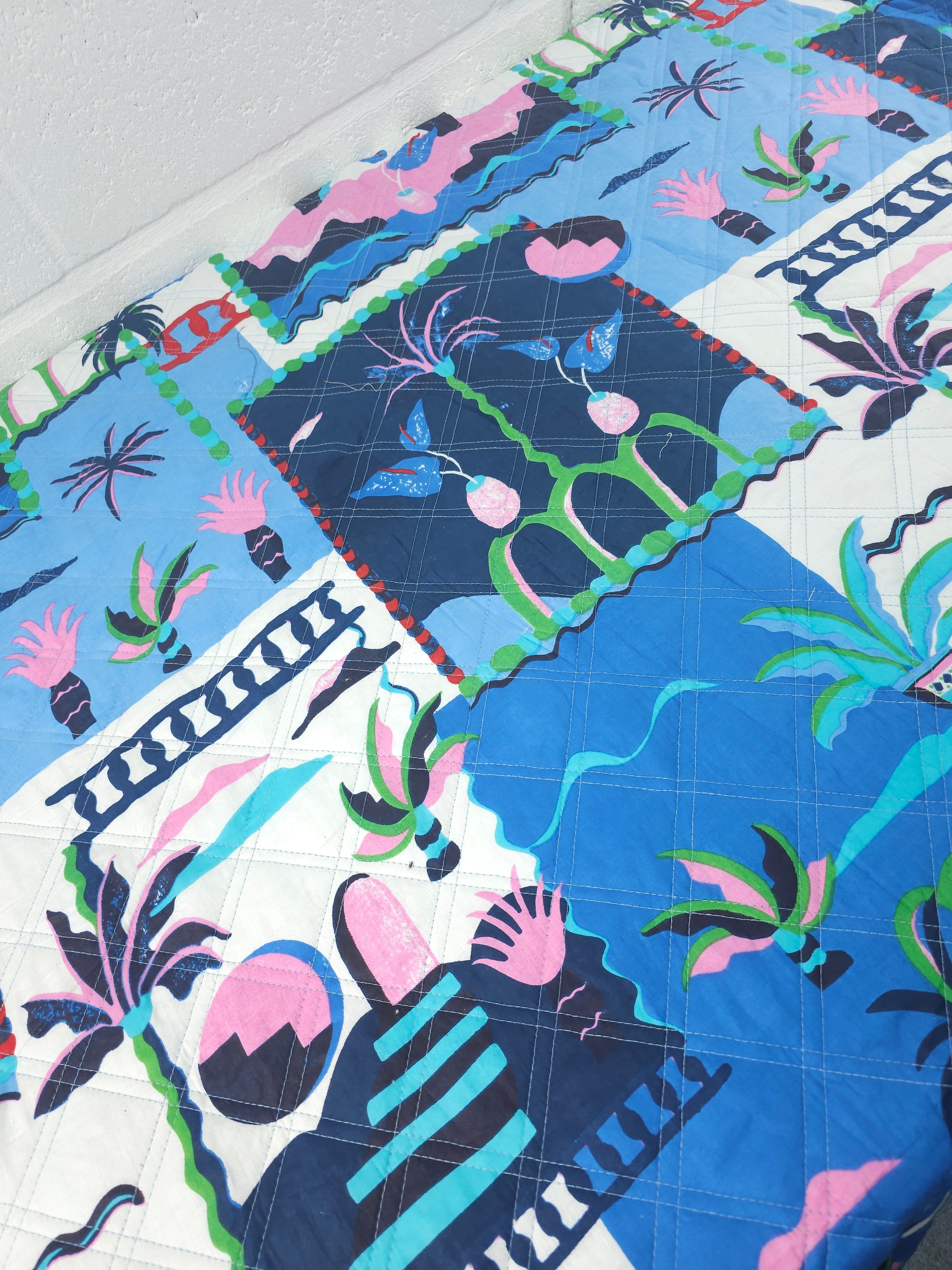 Blue/Pink Palm Tree Scenery Quilted Screen Print - 1.35m Piece