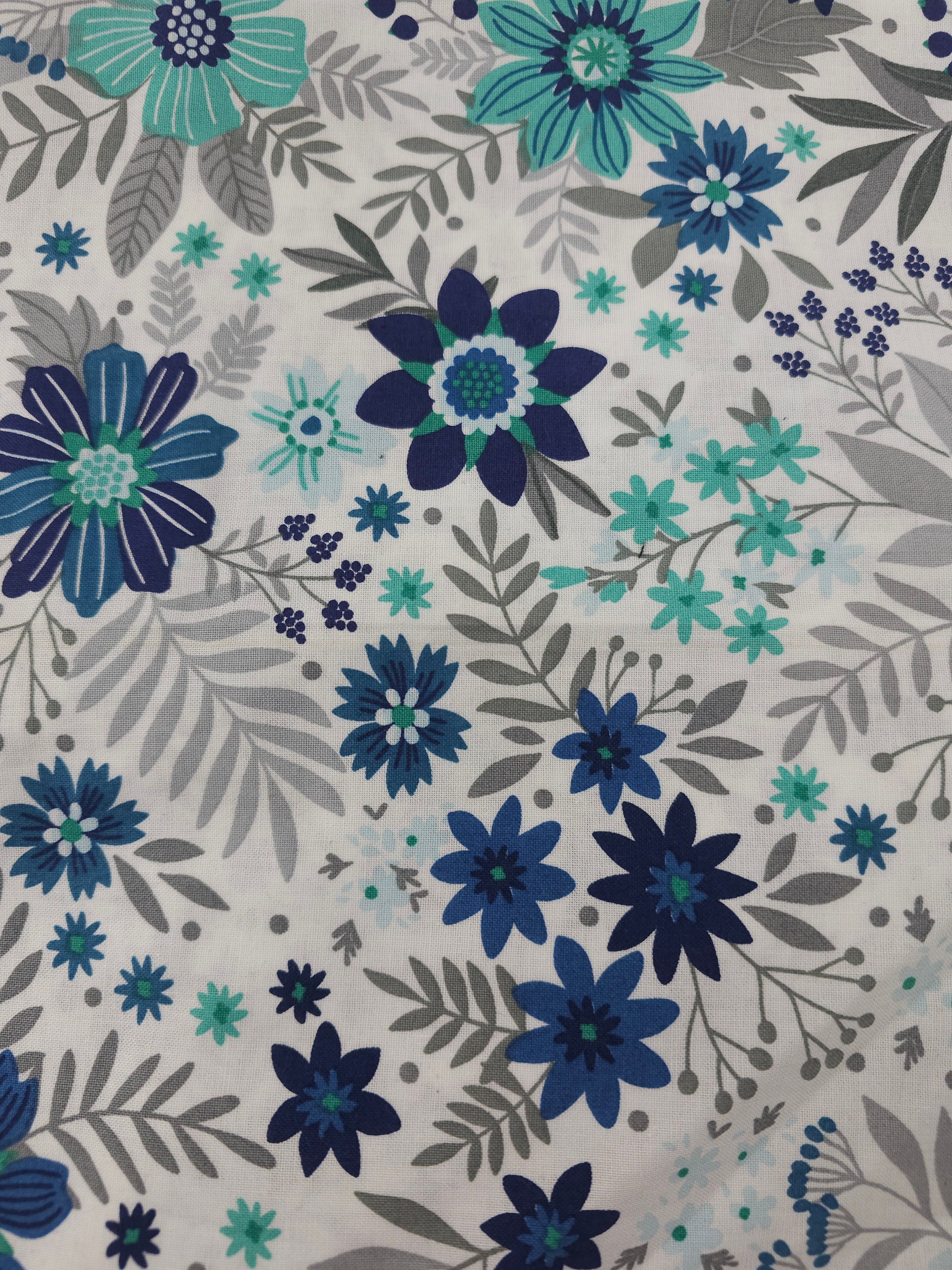 Grey and blue floral Cotton- 1.2m piece