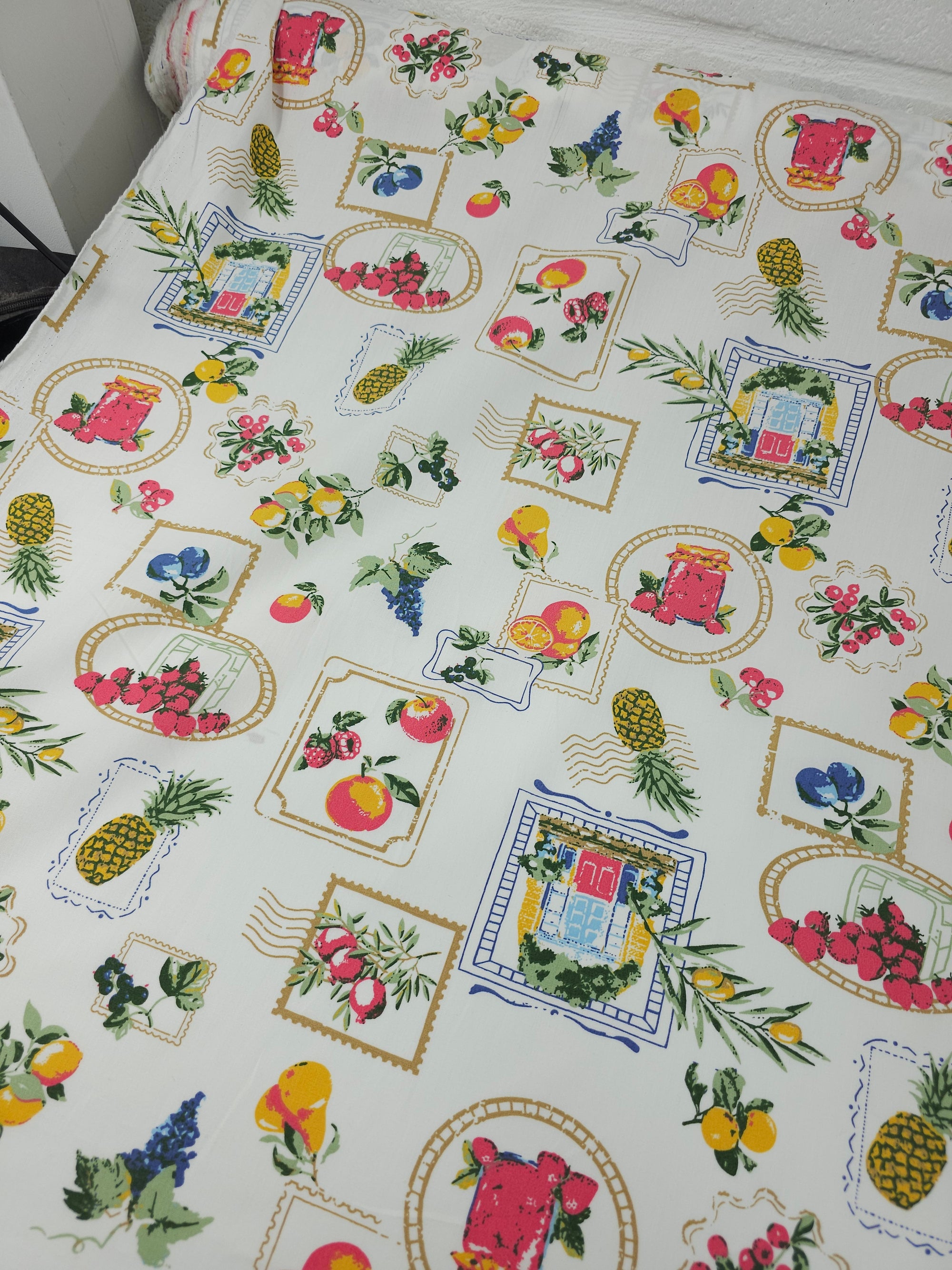 Retro Postcard Fruit Stamp Cotton Poplin