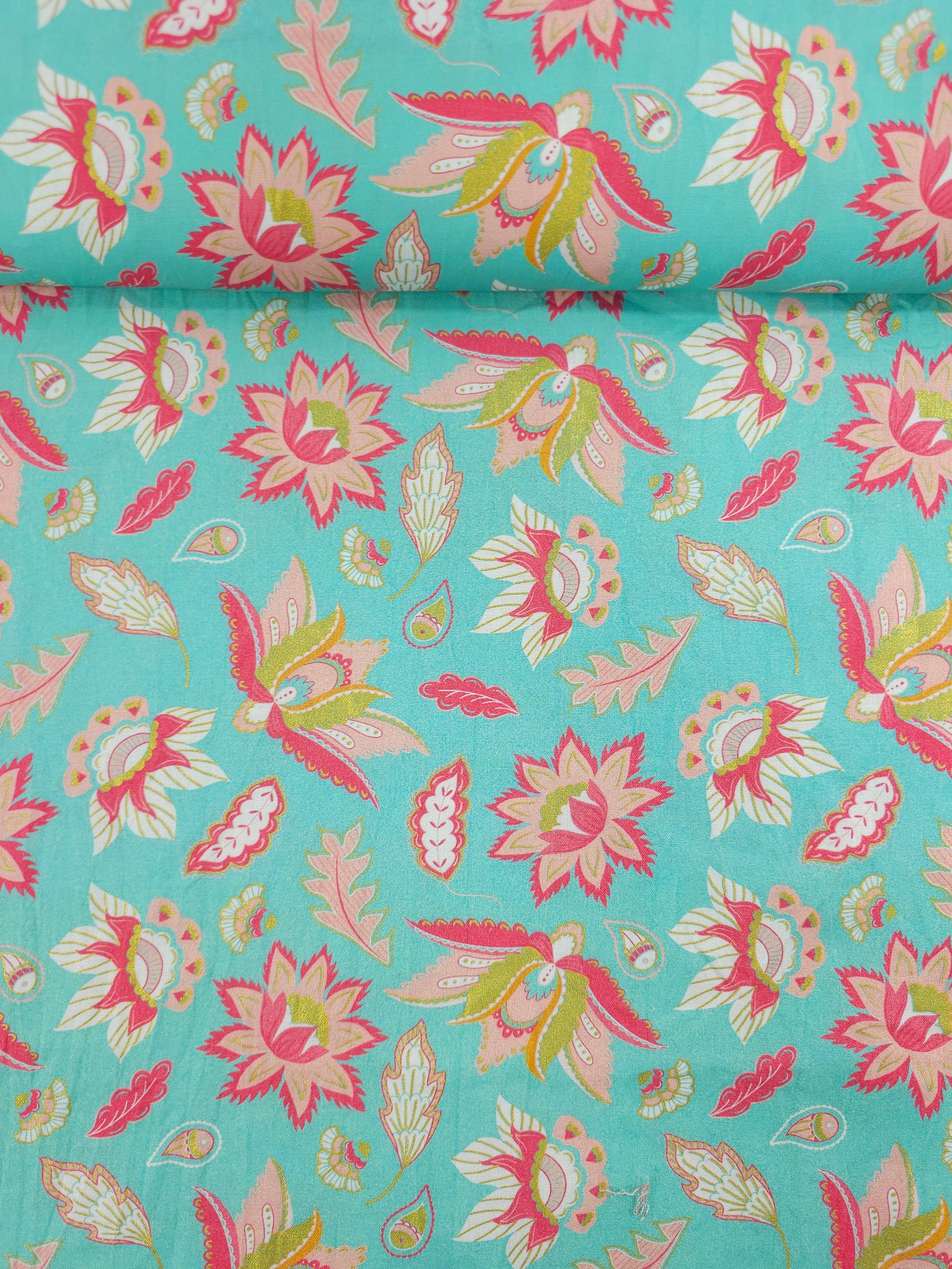 Turquoise/Pink Retro Floral 100% Cotton