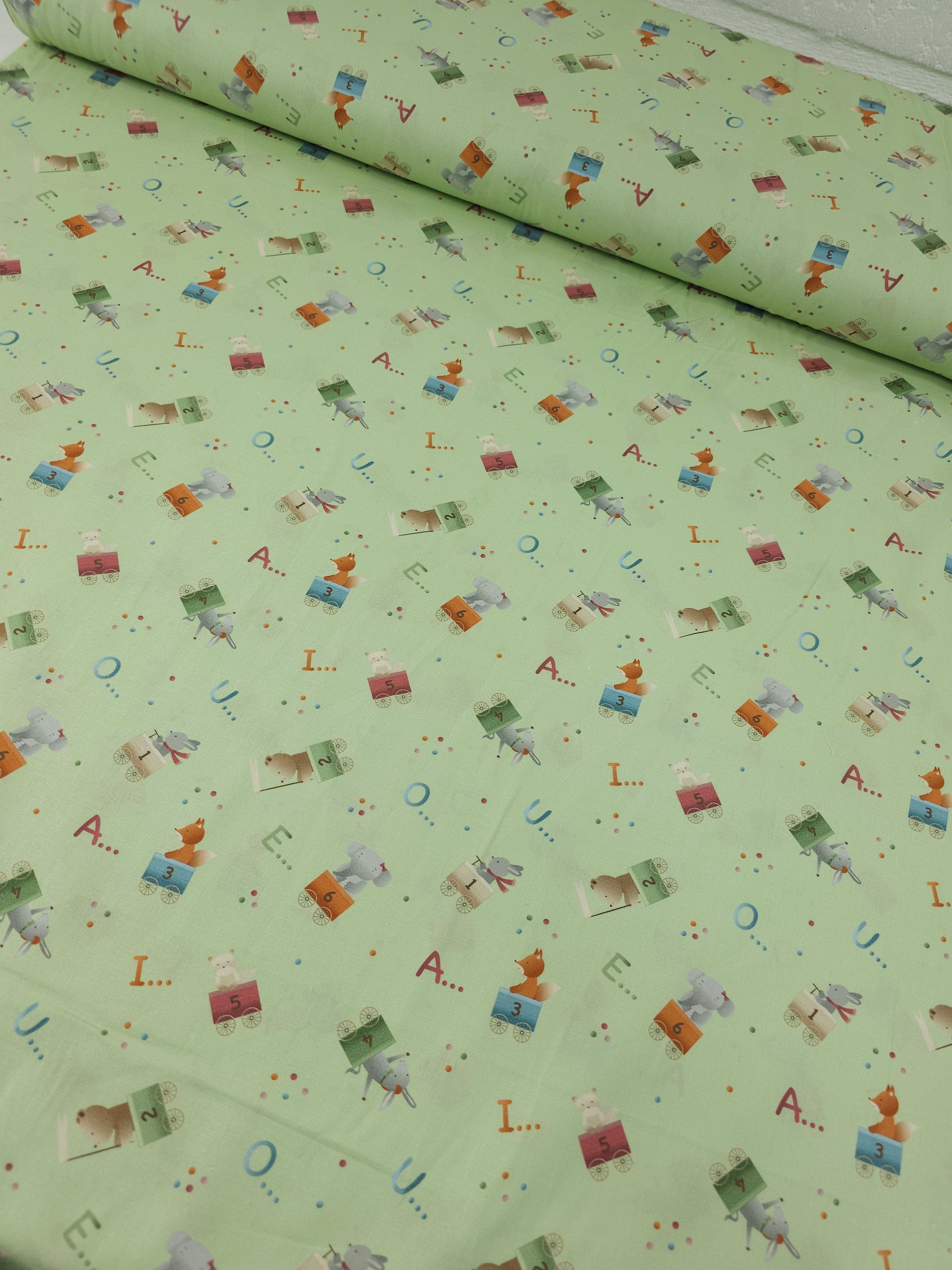 Pastel Green Novelty Alphabet 100% Cotton 57"