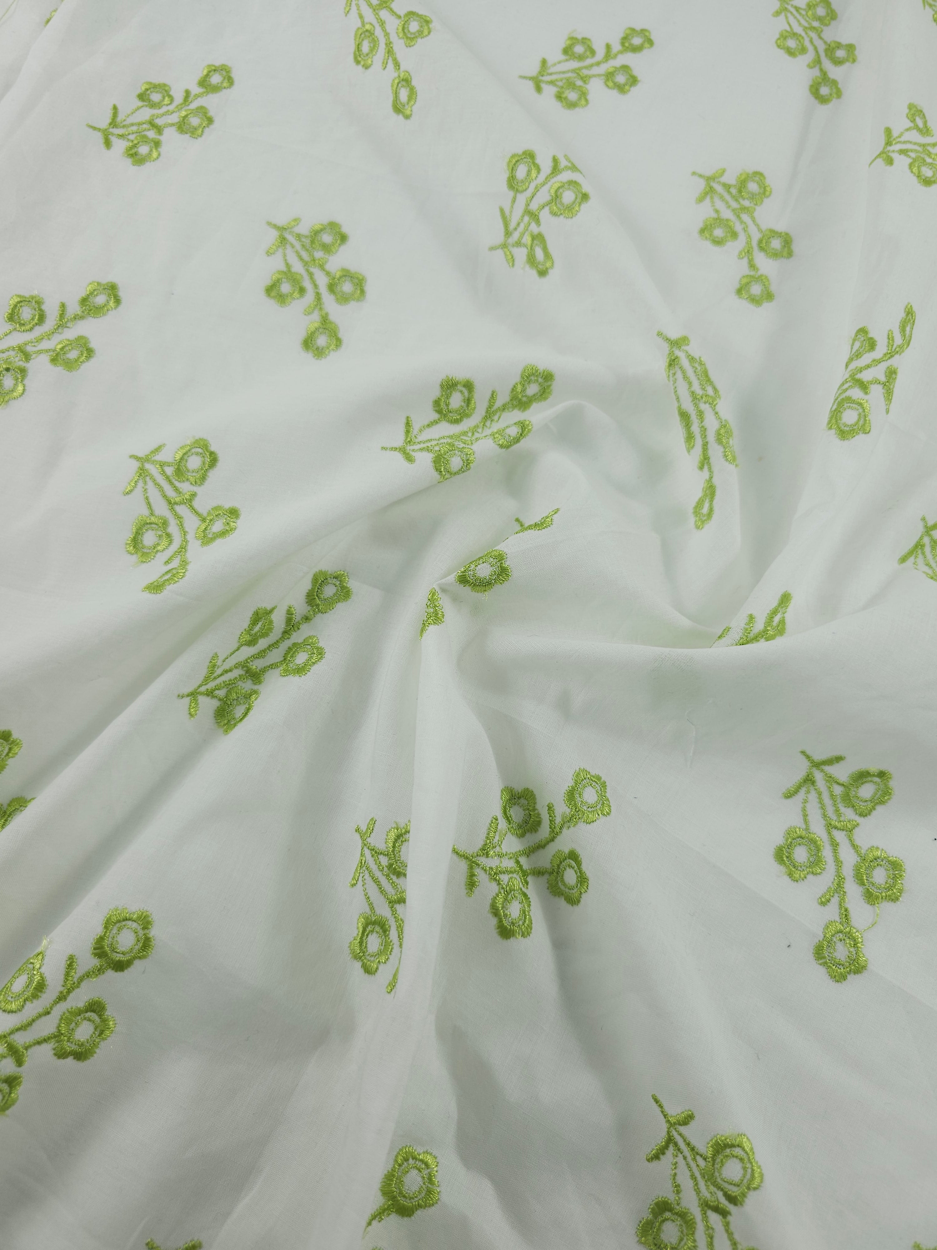 Lime Green Flower Stems Cotton Poplin Broderie Anglaise