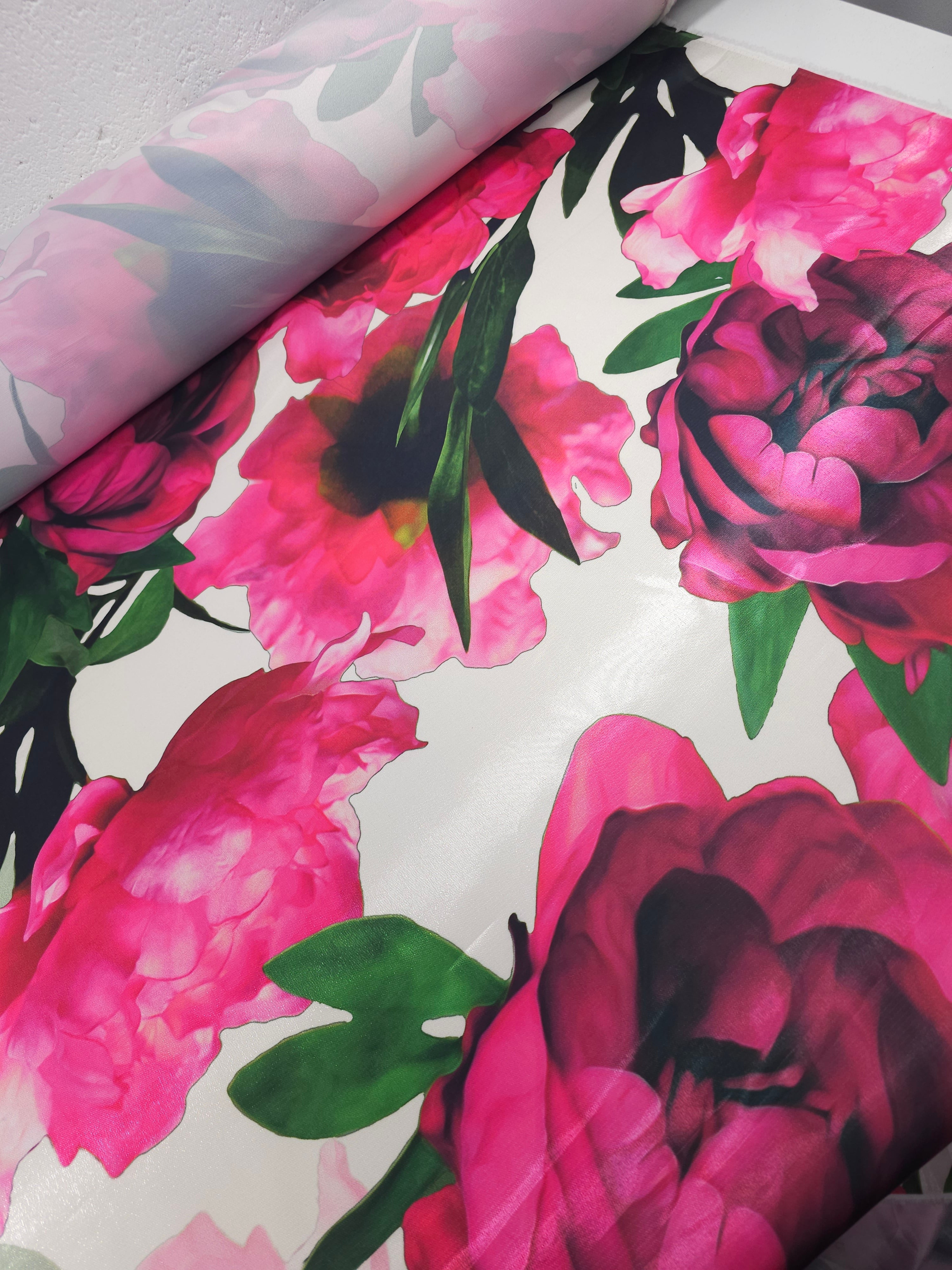 Hot Pink Large Mirror Floral Wet Look Satin (Various Sizes)
