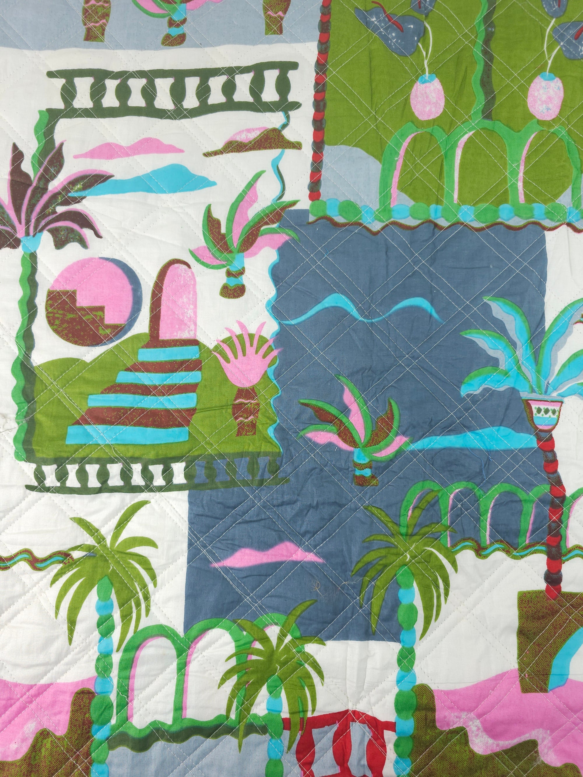 Grey/Green Palm Tree Scenery Quilted Screen Print - 1.35m Piece