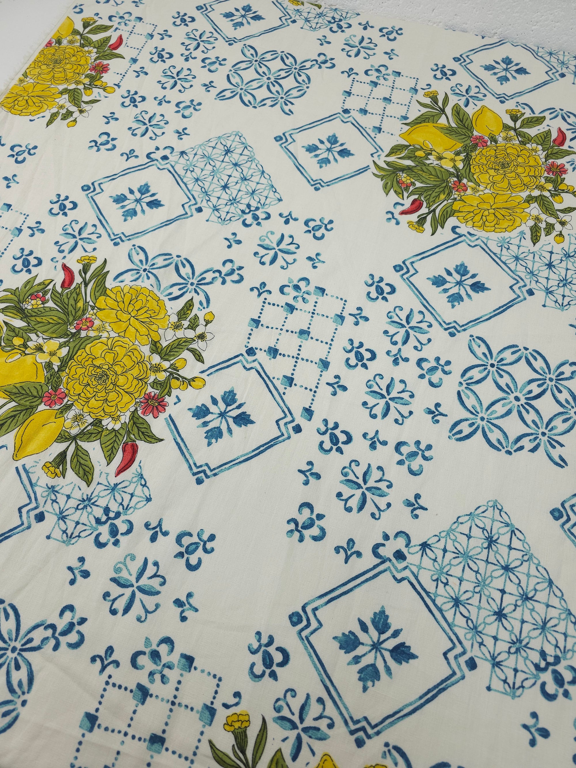 Blue Fantasia Lemon Floral Cotton Linen