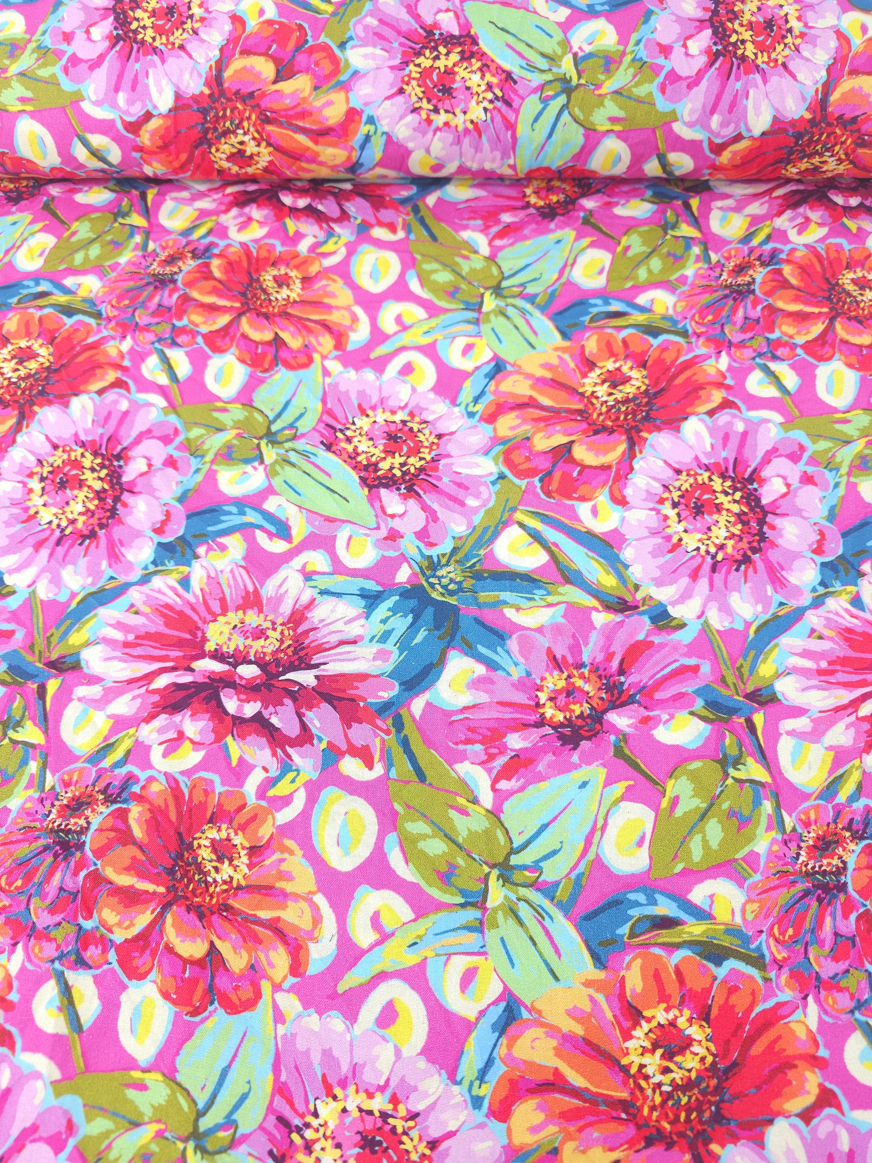 Pink Vibrant Giant Zinnias Floral 100% Cotton - Odile Bailloeul
