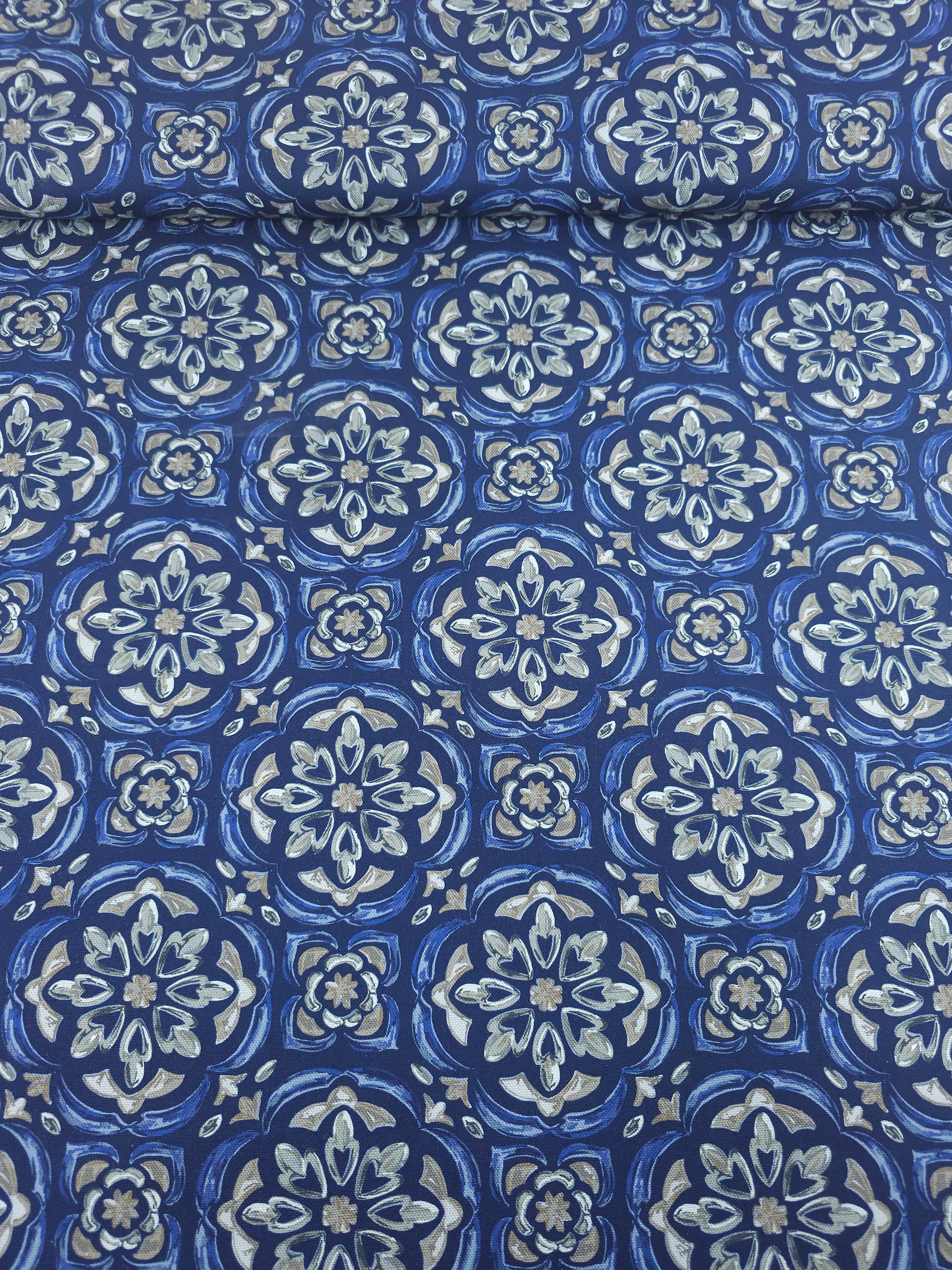 Navy Blue Tile Medallion Canvas Cotton