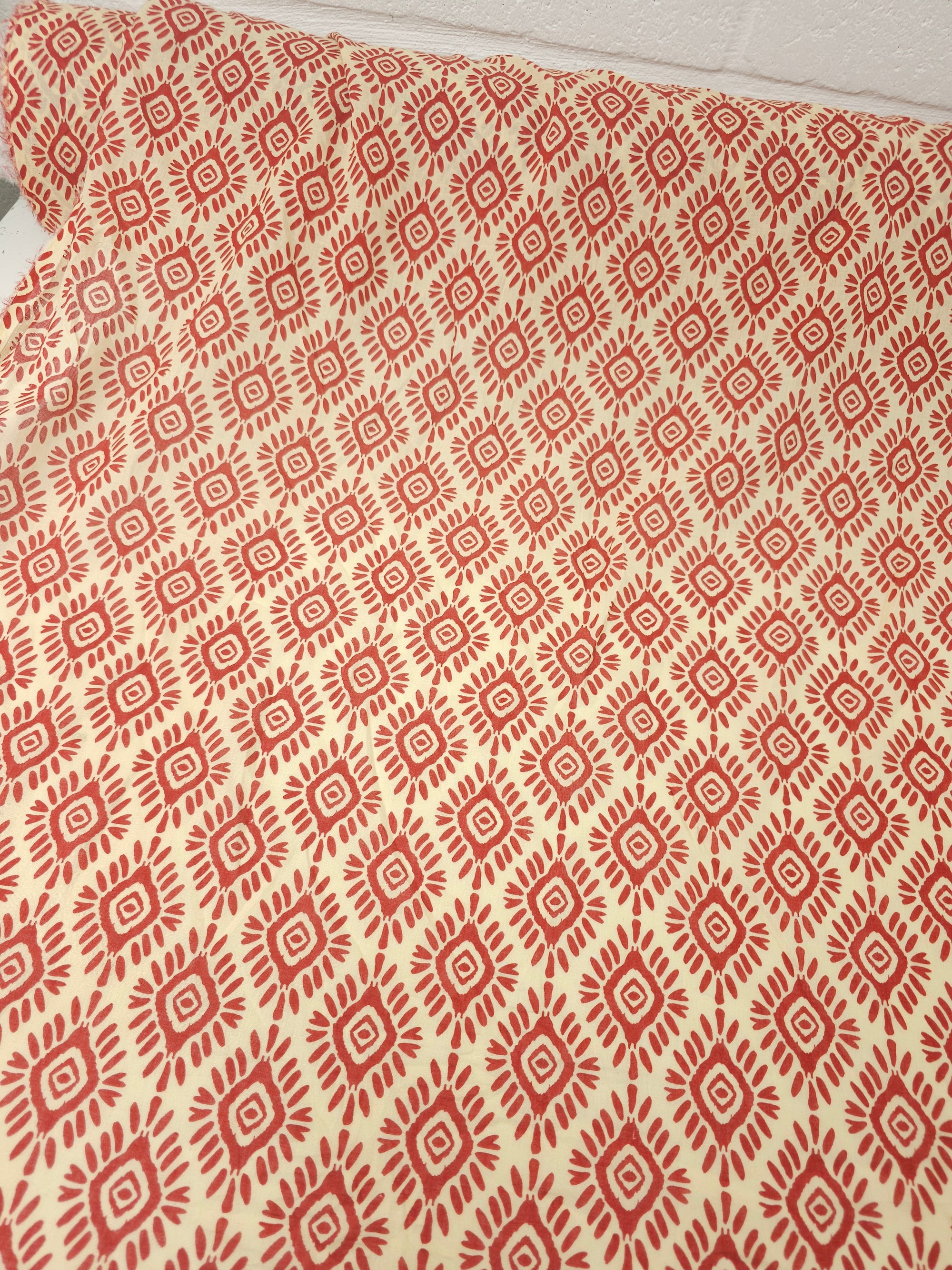 Rustic Red/Yellow Damask Motif Cotton Voile