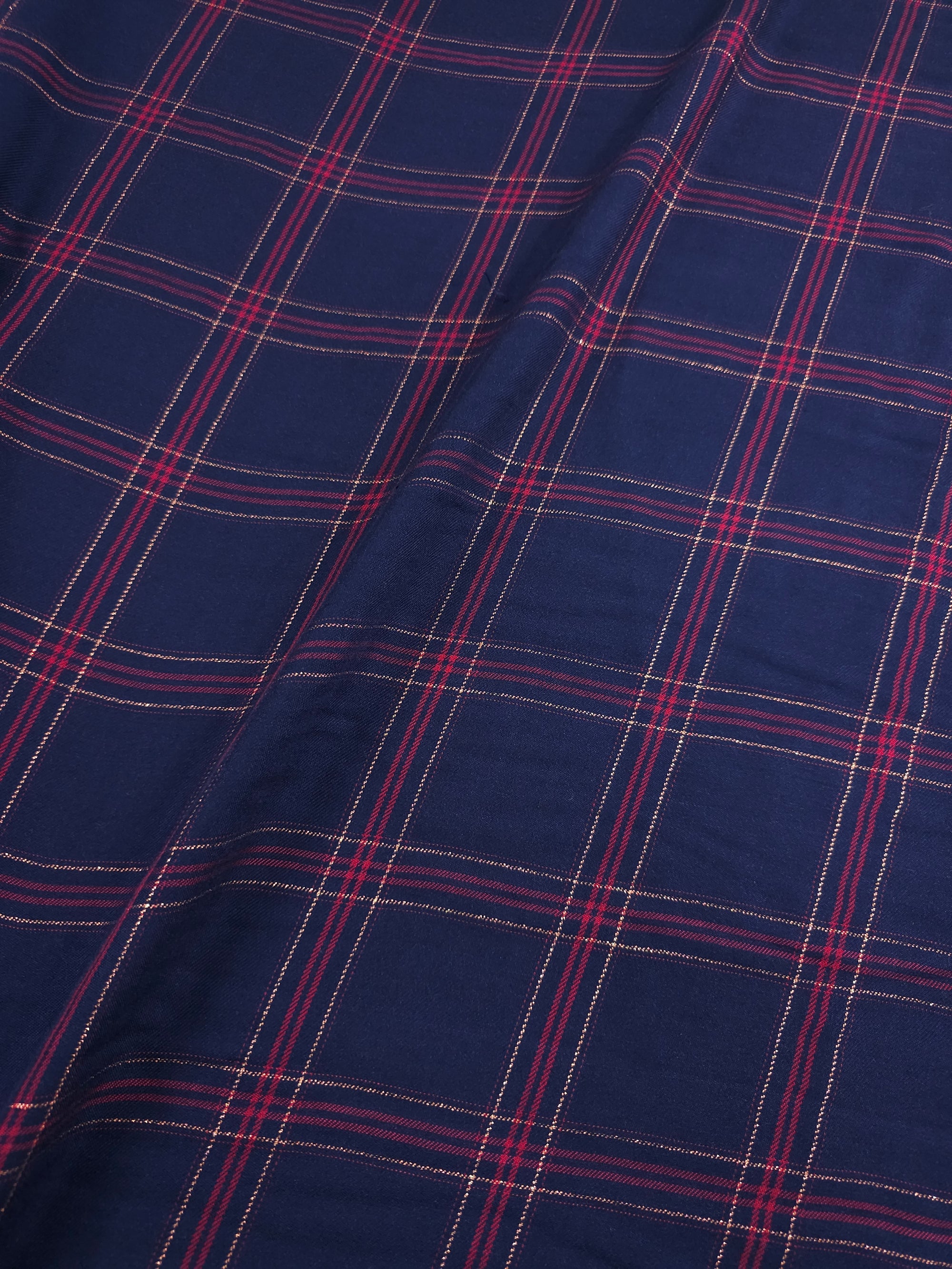 Indigo Navy Lurex Square Check Viscose Challis