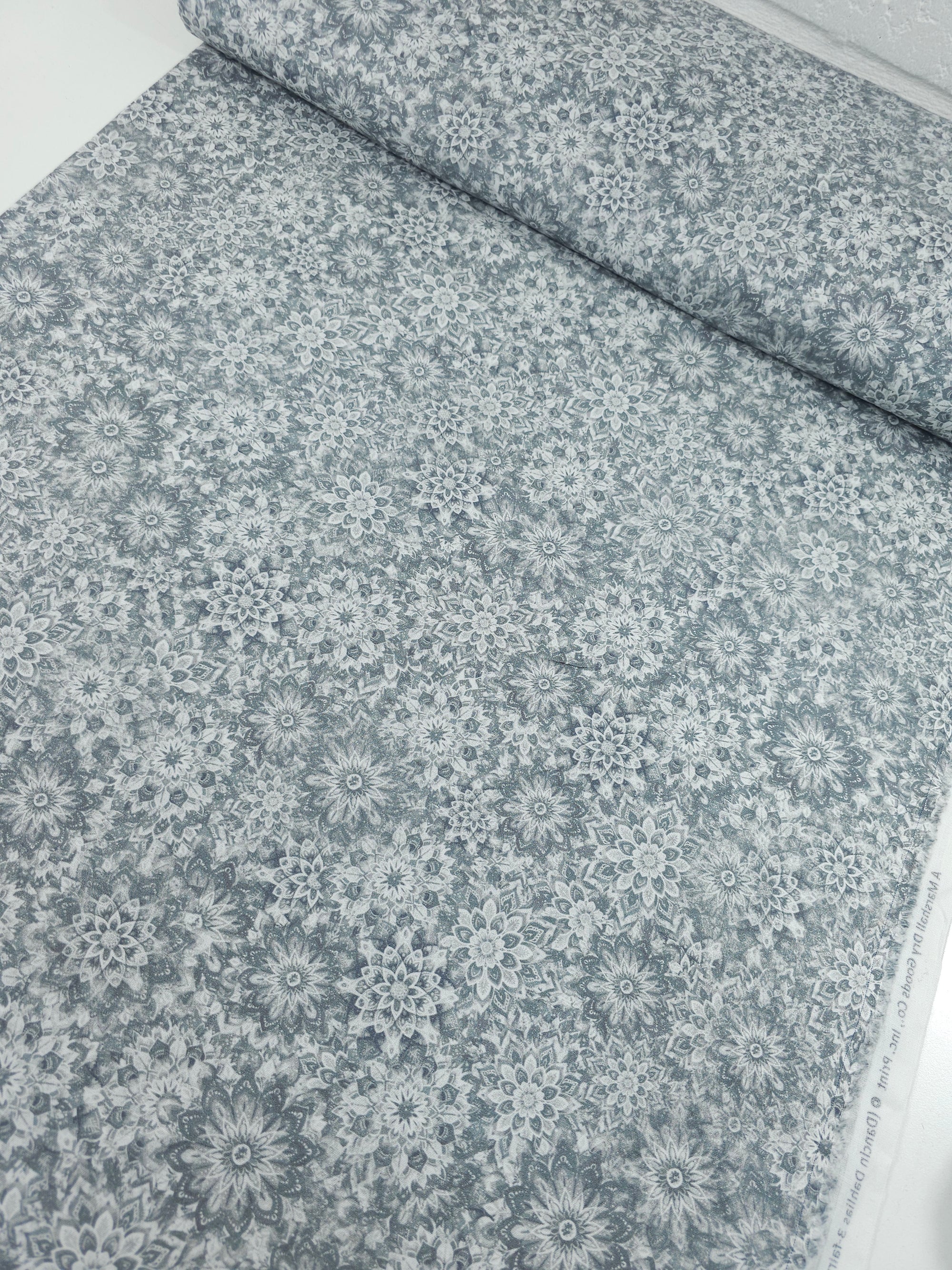 Light Grey Dancing Dahlias Kaleidoscope 100% Cotton