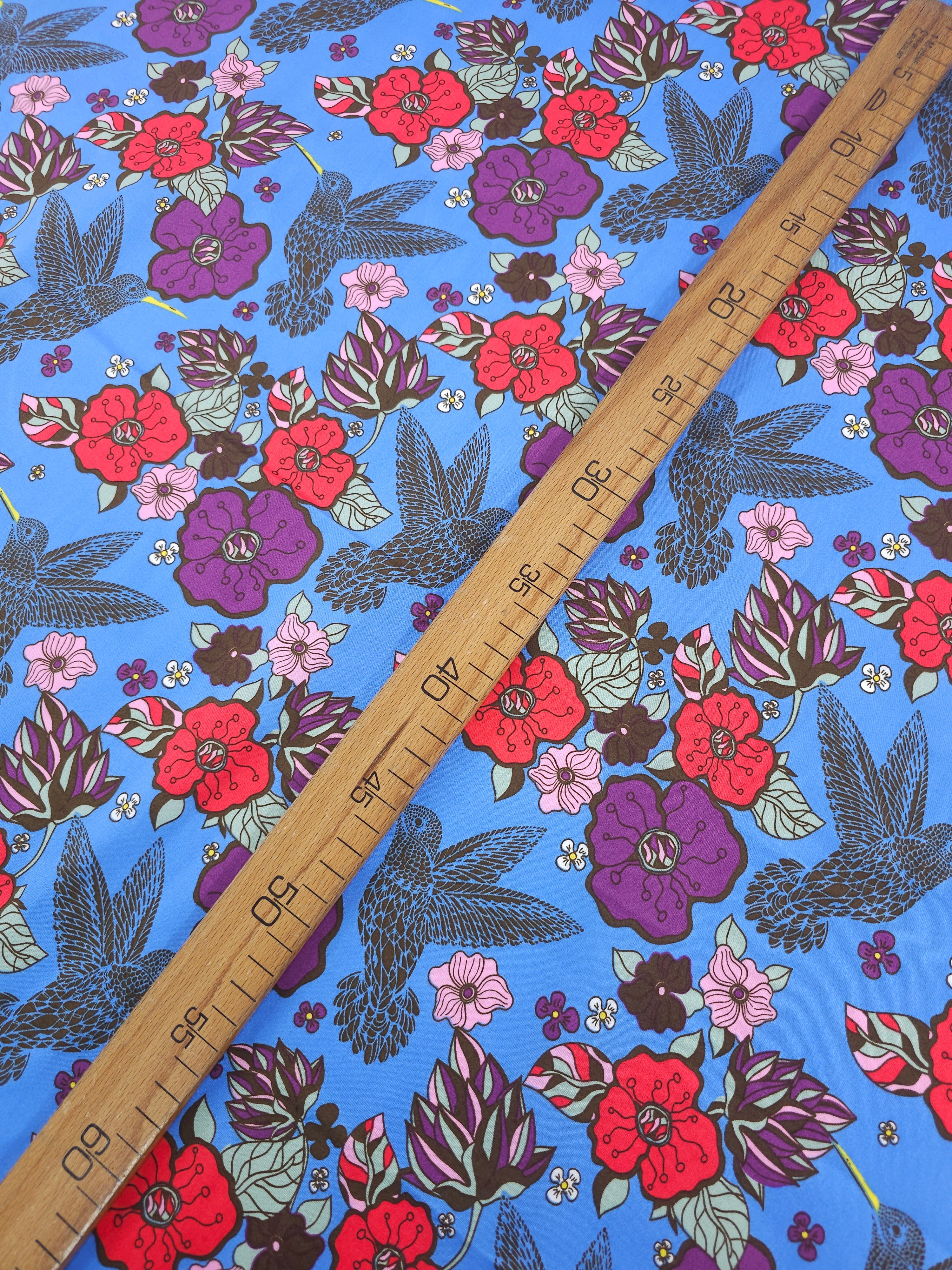 Blue Pop Bird Floral Cotton Poplin