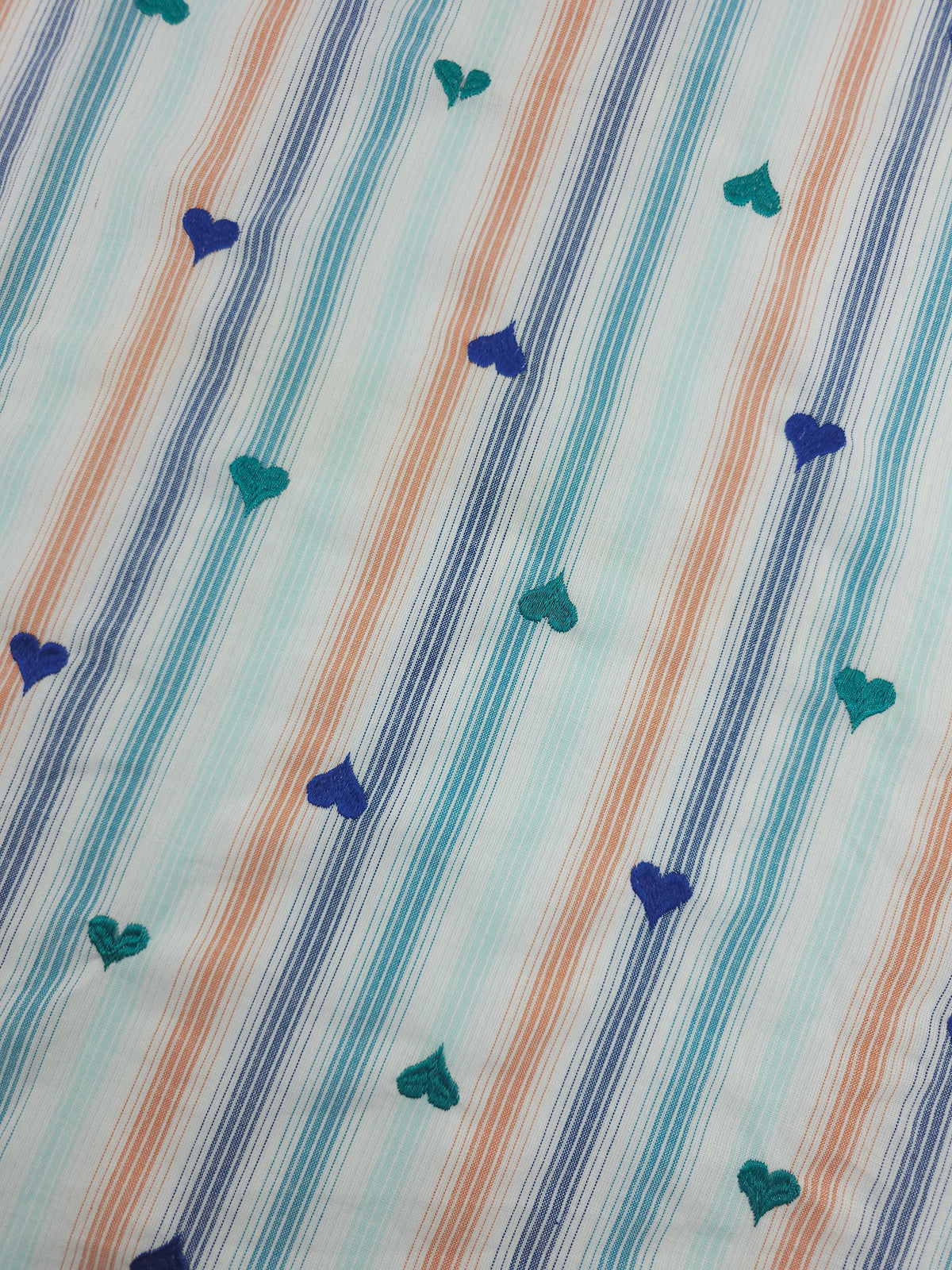 Blue/Teal Embroidered Heart Stripe Cotton