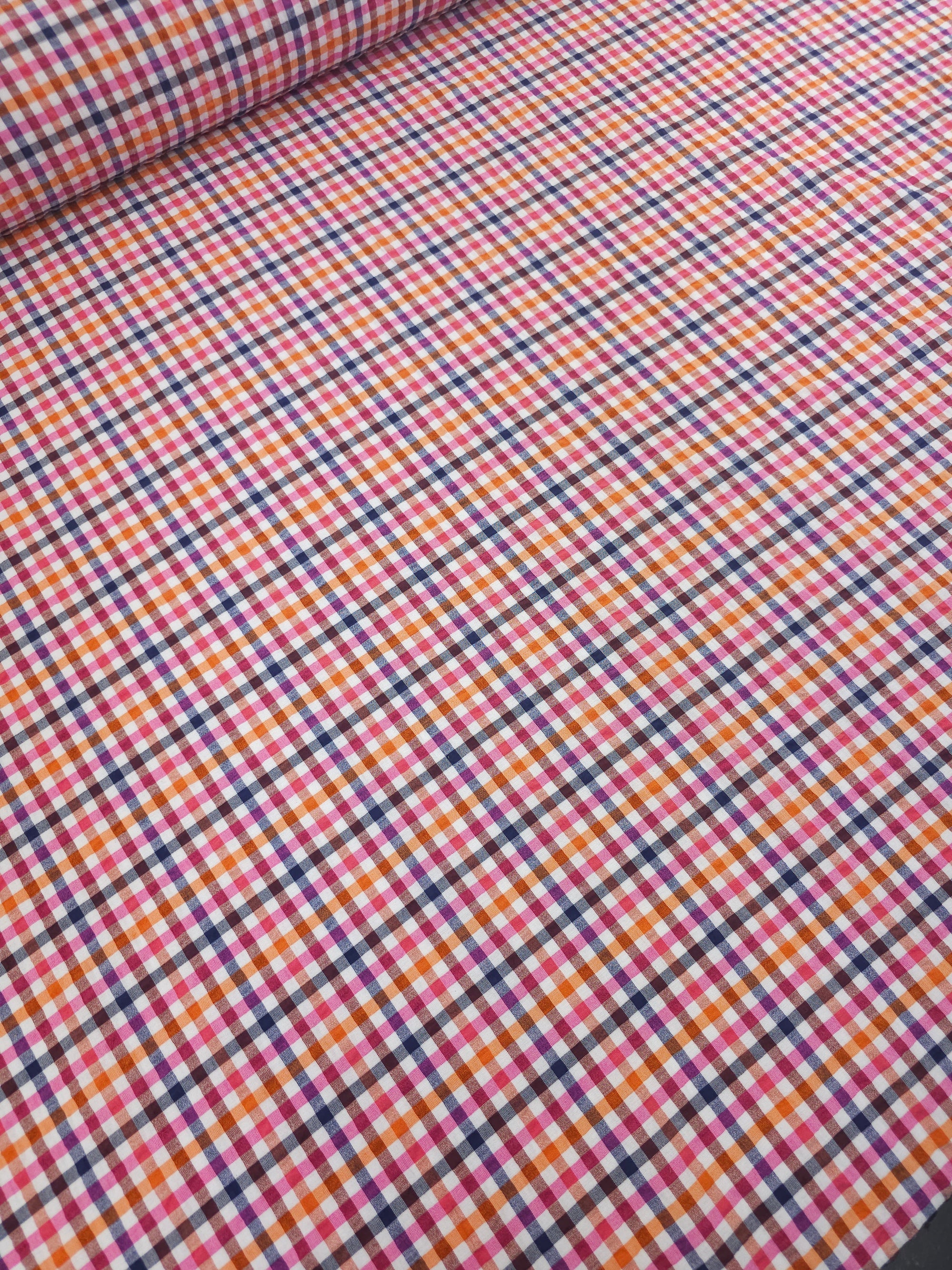 Orange/Pink/Navy Gingham Crinkle Cotton